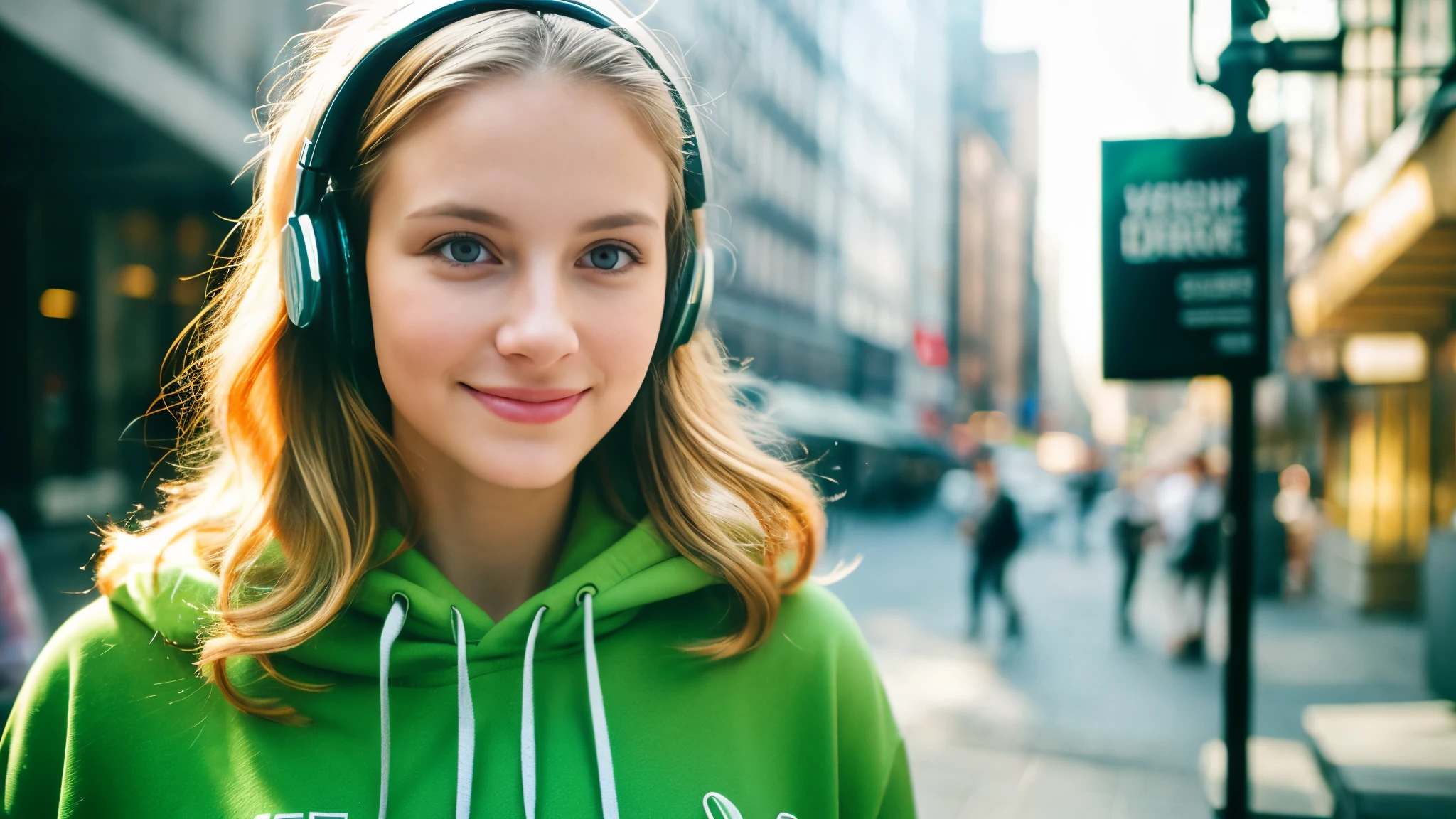 Beautiful blonde in an oversized green hoodie (Morning walk through New York City),Wearing headphones,Very detailed, 21 years old, Innocent face, Naturally Wavy Hair, blue eyes, High resolution, masterpiece, highest quality, Intricate details, Very detailed, Clear focus, Delicate skin, practical skin texture, texture, Delicate eyes, Professional, 4K, Cute Smile, Shot with Canon, 85mm, Shallow and deep,  Kodak Vision Color, Exactly, Very detailed, photograph_\(Extremist\), photographpractical, practical, Post-processing, Maximum details, Roughness, Real Life, Extremist practical, Photorealism, photographgraphy, 8K Ultra HD, photographgraphy
