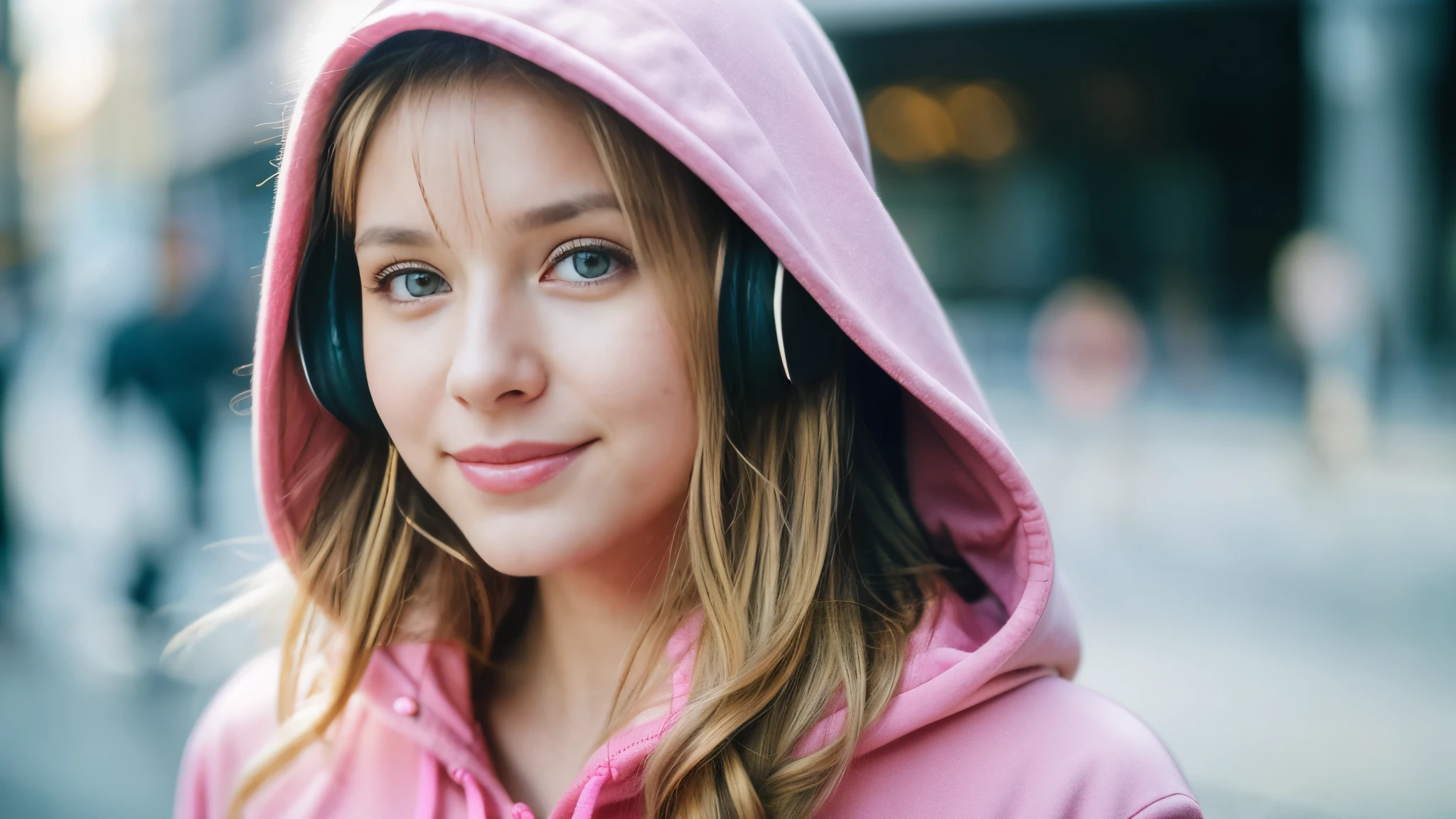 Beautiful blonde in an oversized pink hoodie (Morning walk through New York City),Wearing headphones,Very detailed, 21 years old, Innocent face, Naturally Wavy Hair, blue eyes, High resolution, masterpiece, highest quality, Intricate details, Very detailed, Clear focus, Delicate skin, practical skin texture, texture, Delicate eyes, Professional, 4K, Cute Smile, Shot with Canon, 85mm, Shallow and deep, Kodak Vision Color, Exactly, Very detailed, photograph_\(Extremist\), photographpractical, practical, Post-processing, Maximum details, Roughness, Real Life, Extremist practical, Photorealism, photographgraphy, 8K Ultra HD, photographgraphy