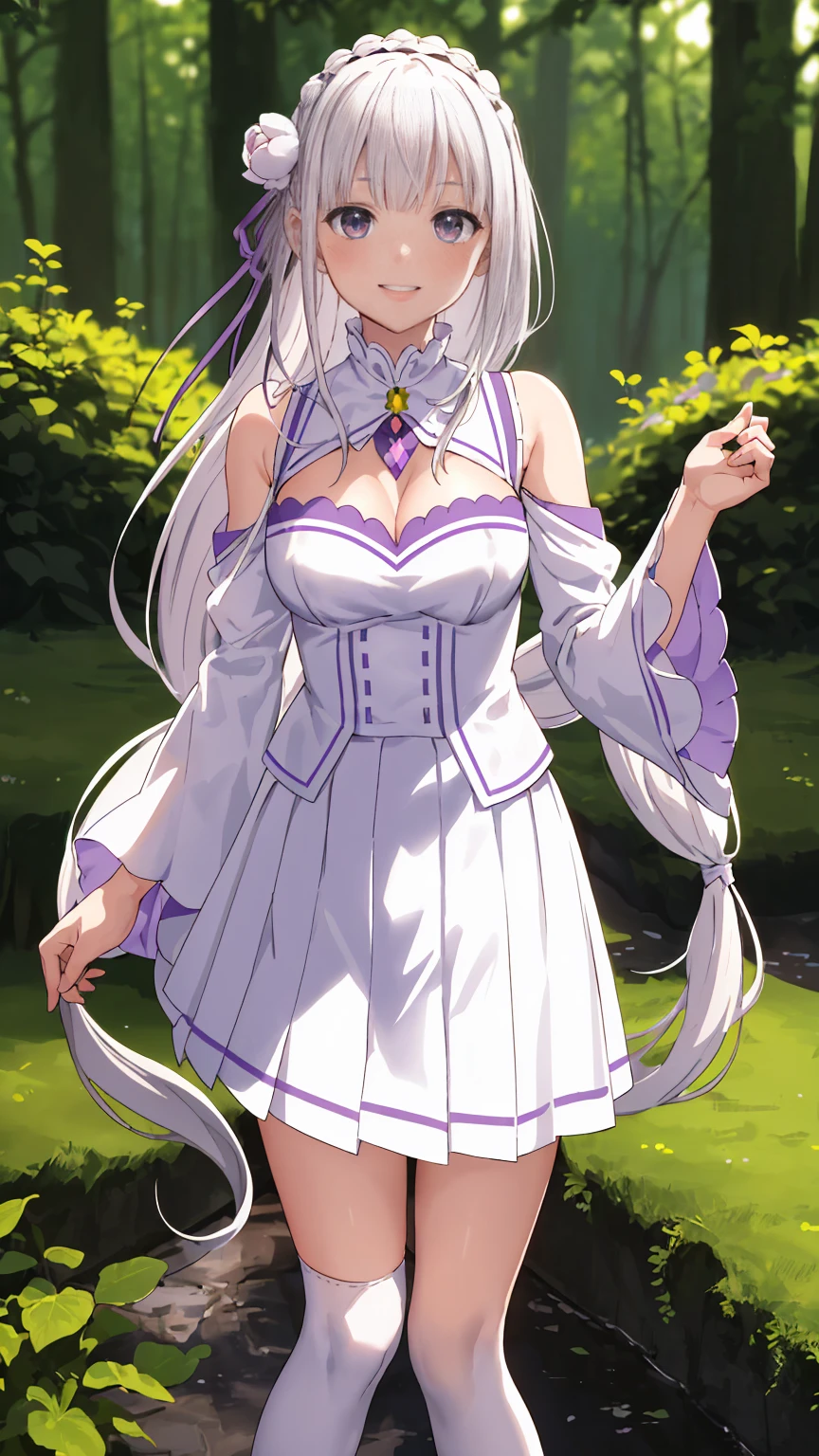 masterpiece:1.2, highest quality, ((Super detailed)), High resolution, 2D, Anime Style , photograph, photographgraphy, Detailed Background ,One girl, alone, Cowboy Shot,smile, Emilia,White Dress,Cleavage, Pleated skirt, Wide sleeves, White knee socks, Hair Flowers, Purple ribbon, White Skirt, (Long hair tied low), (forest)