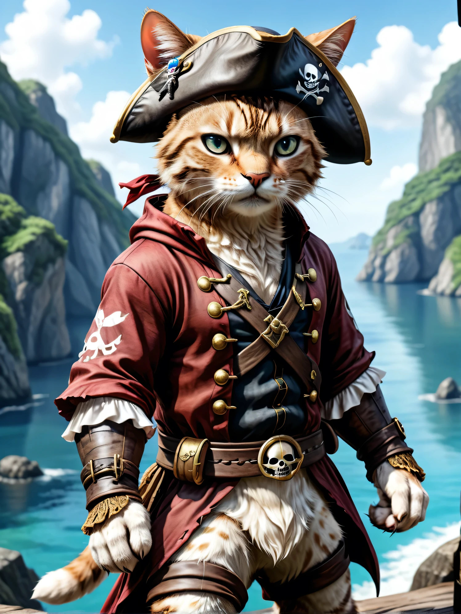 Cute anime cat wearing pirate costume like One Piece cartoon, detailed, Realistic, 8K Ultra HD, high quality