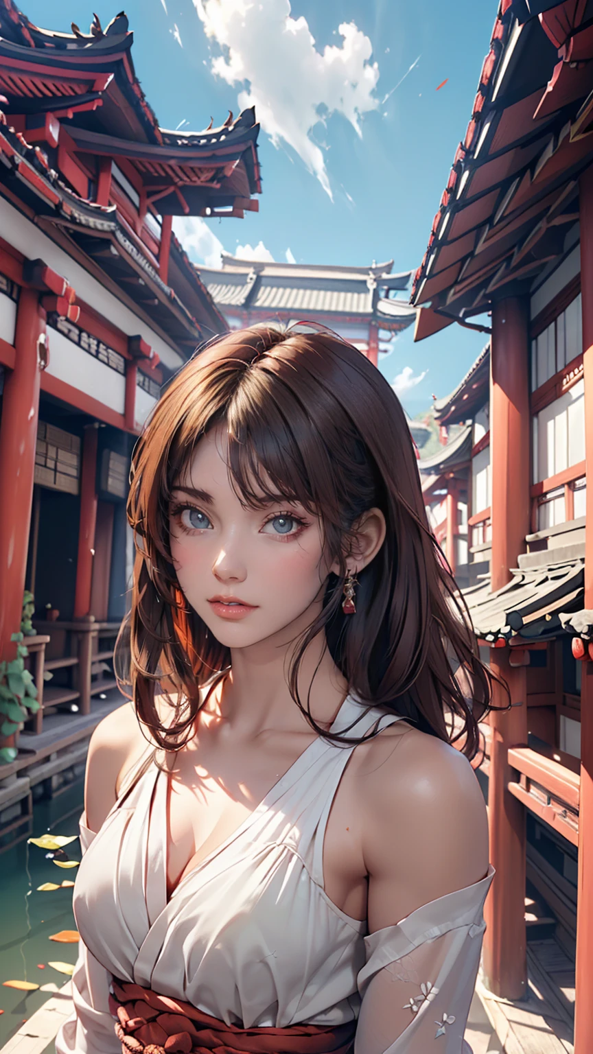 (highest quality: 1.3, masterpiece: 1.3), Ultra HD, (One girl, alone), Atmospheric perspective, Detailed face, Upper Body, compensate, Pink Lips, Cleft lip, Shiny skin, (Brown Hair), Super long hair, In front of an audience, Red eyes, Earrings, Small breasts, The body is slim, (White silk), (((((East Asian architecture, River side, Beautiful background))), Perfect lighting, (Front lighting), Physically Based Rendering,