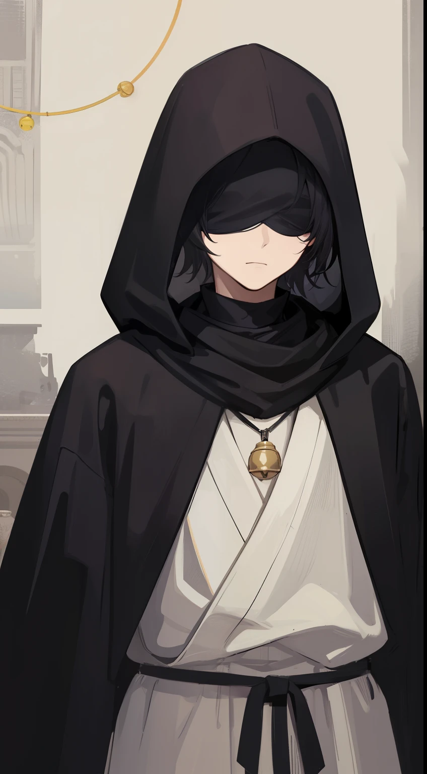 1. The Mysterious Boy, Wearing a hood、Wearing a black blindfold that covers your eyes, Wearing the garb of a dark priest, Has a bell