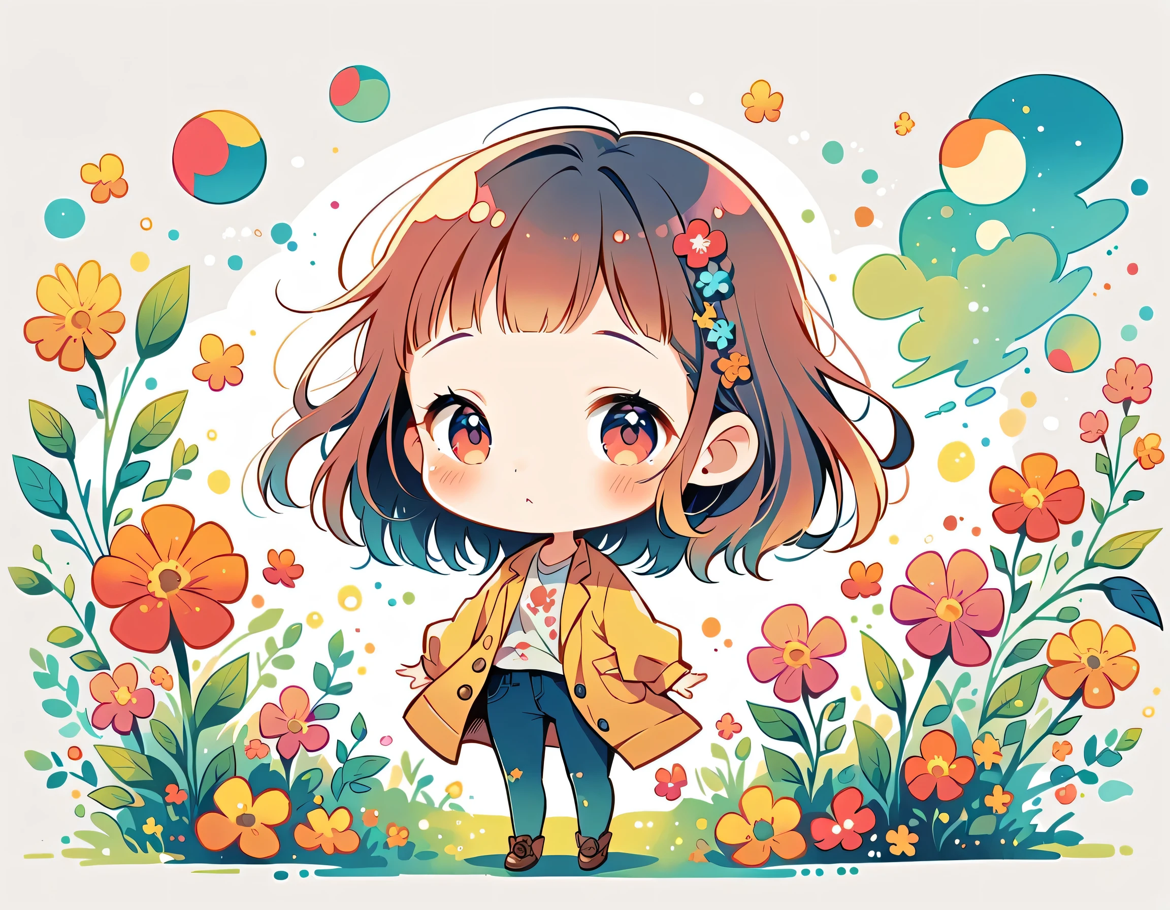 Watase Seizo style, Standing in front of a high wall,Simple Line Initialism,Abstract art,Urban Background, (((The most beautiful girl))), (((chibi))), colorful flowers