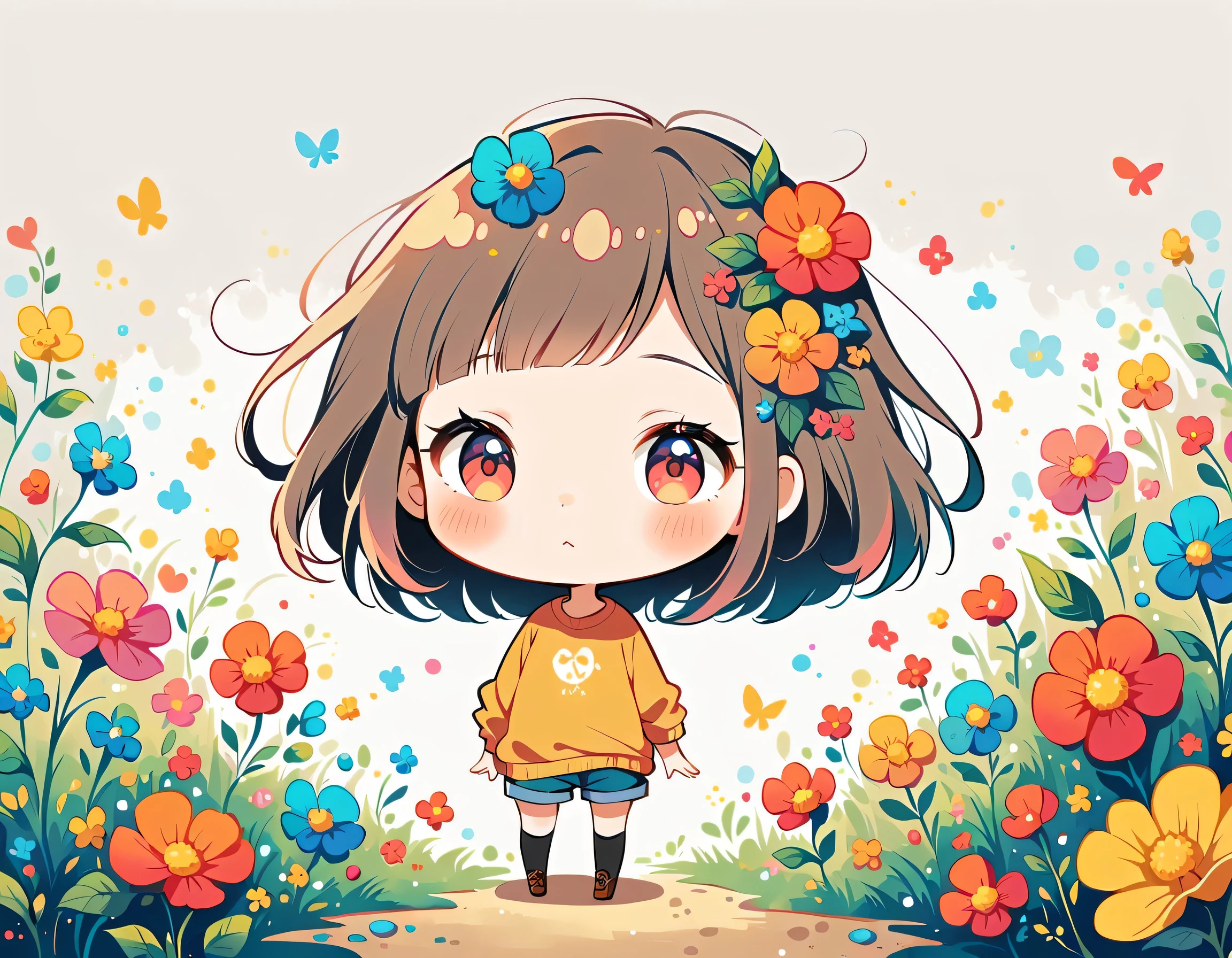 Watase Seizo style, Standing in front of a high wall，Simple Line Initialism，Abstract art，Urban Background, (((The most beautiful girl))), (((chibi))), colorful flowers
