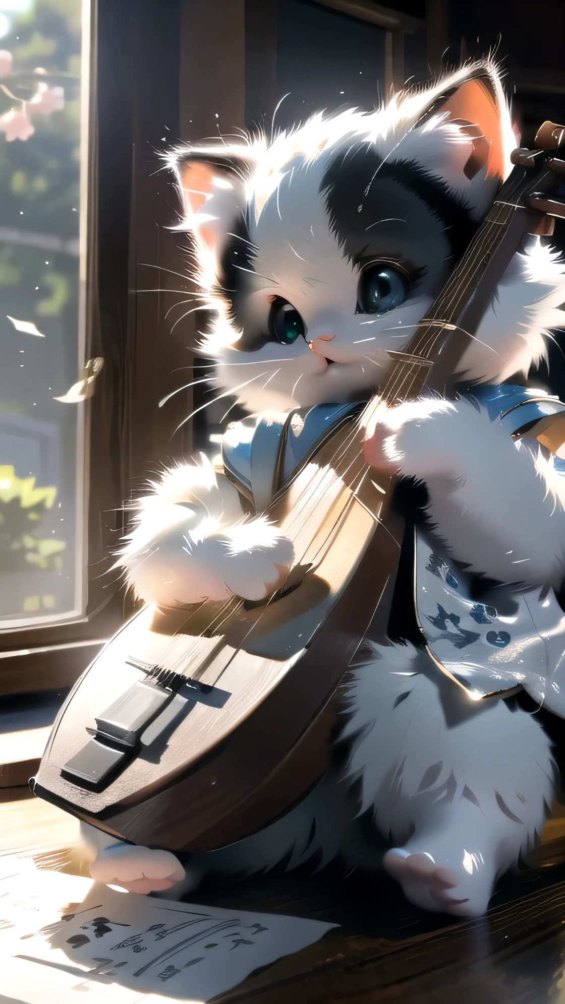 White kitten in Chinese clothing, Chinese Calligraphy, Chinese clothing, musical instruments, music, drums
