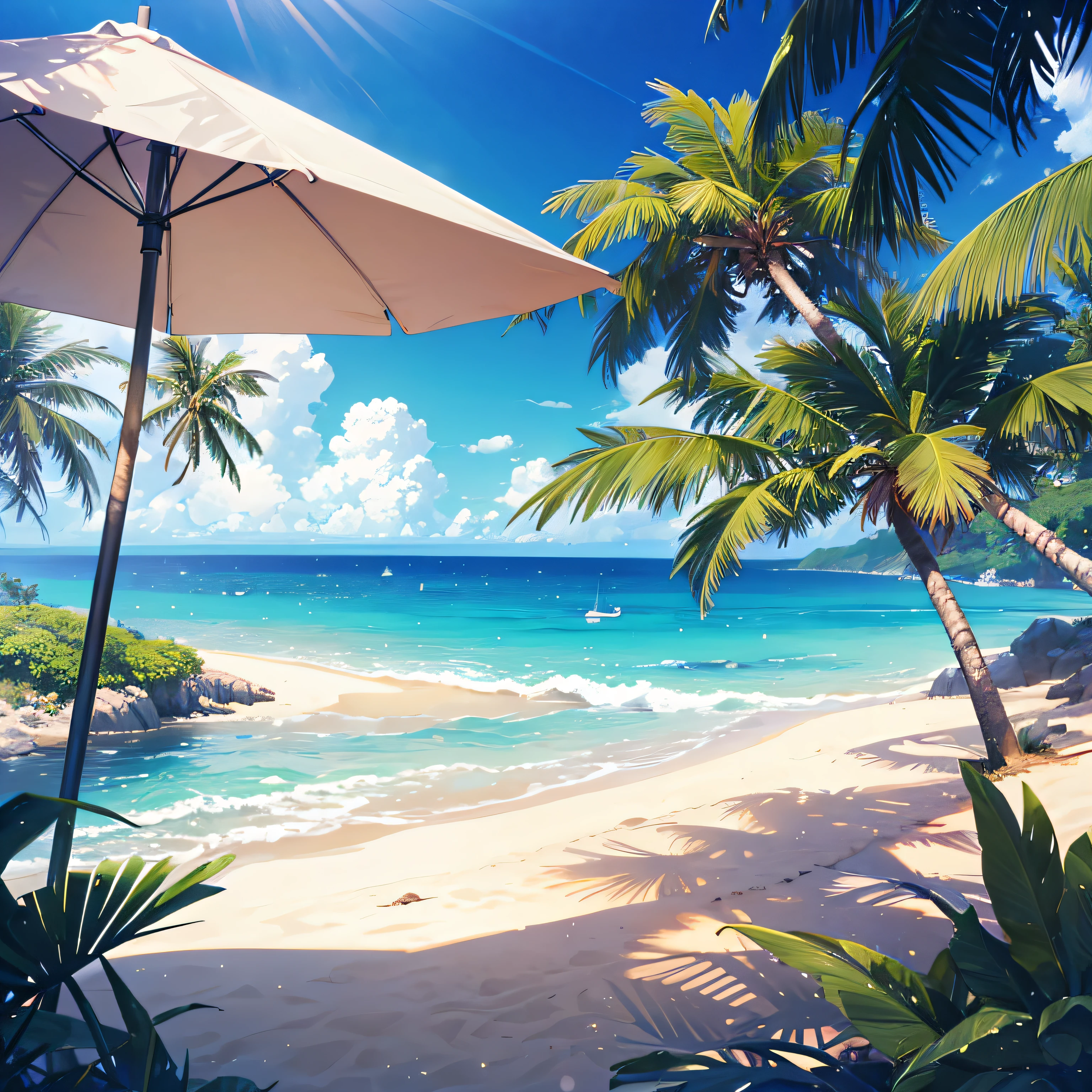 Summer Background anime, sun, beach, 4K HDR, Maximum quality, extremely detailed, plano de fundo anime, tree, sand, sea, sunshade
