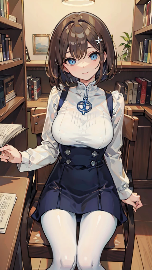 ,brown hair Short bob cut,blue eye,light smile,from front,{{{sitting chair}}},white pantyhose,night,Round library,World Tree,celtic,