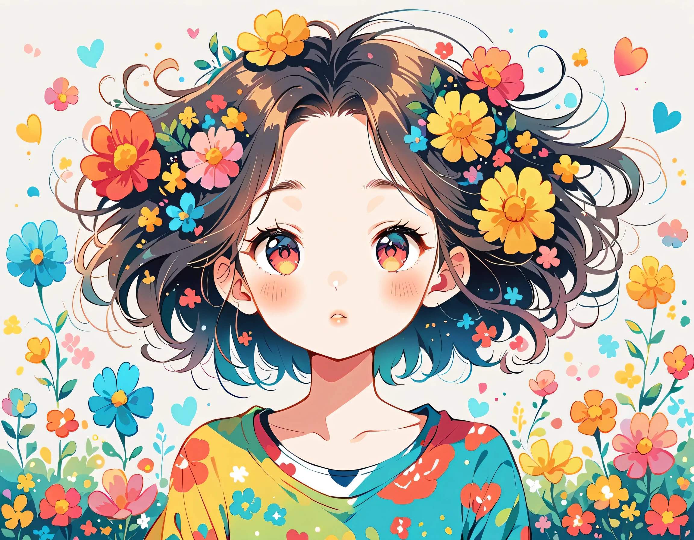 Takashi Murakami style、The most beautiful girl of all time、Lips in Love、Colorful flowers、Simple line initials、Abstract art、Urban Background,