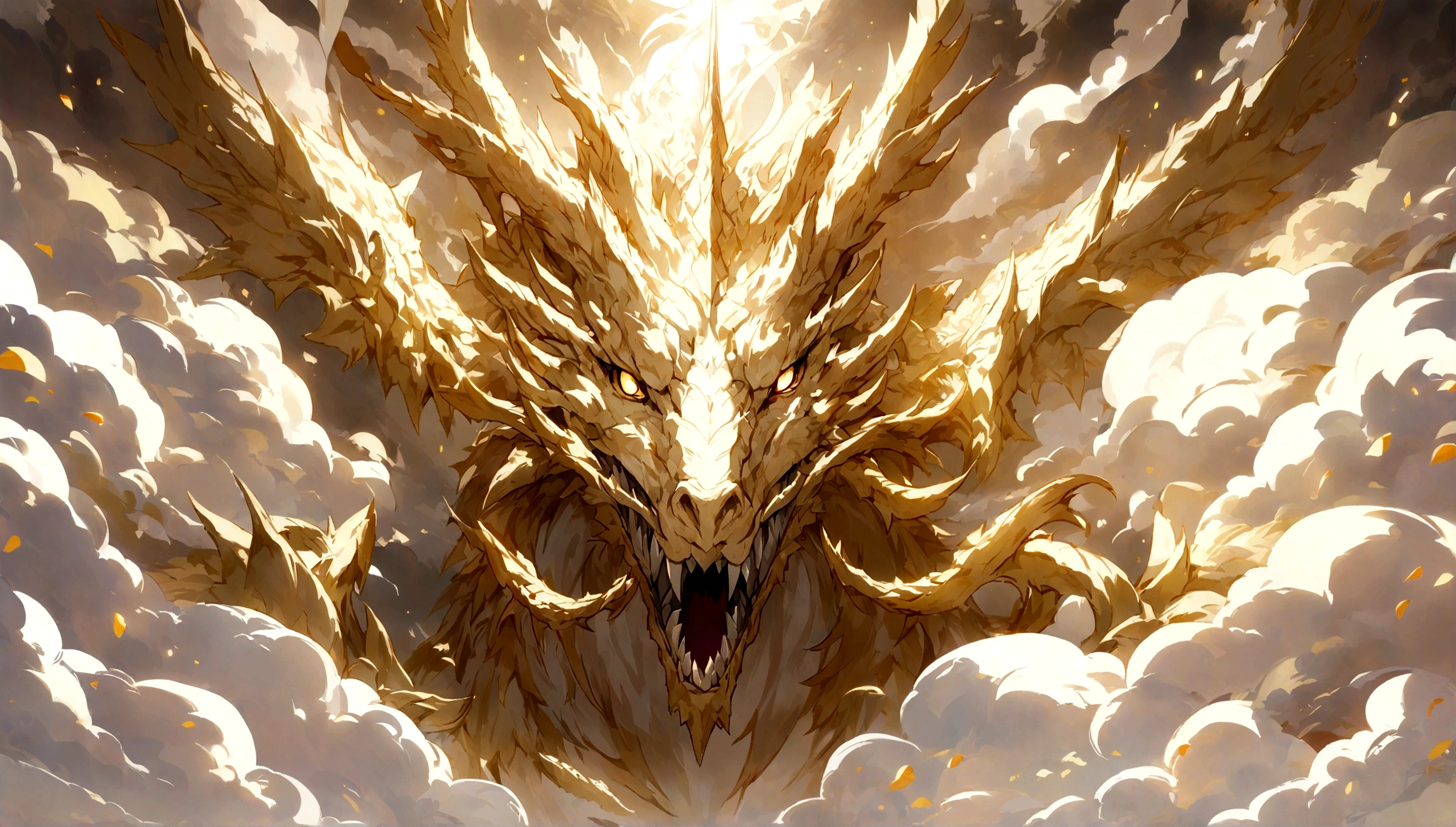 A golden white dragon, Half body, Detailed and clear, There are auspicious white clouds floating around, Great details, exquisite, high quality, extremely detailed CG Unity 8k wallpaper,