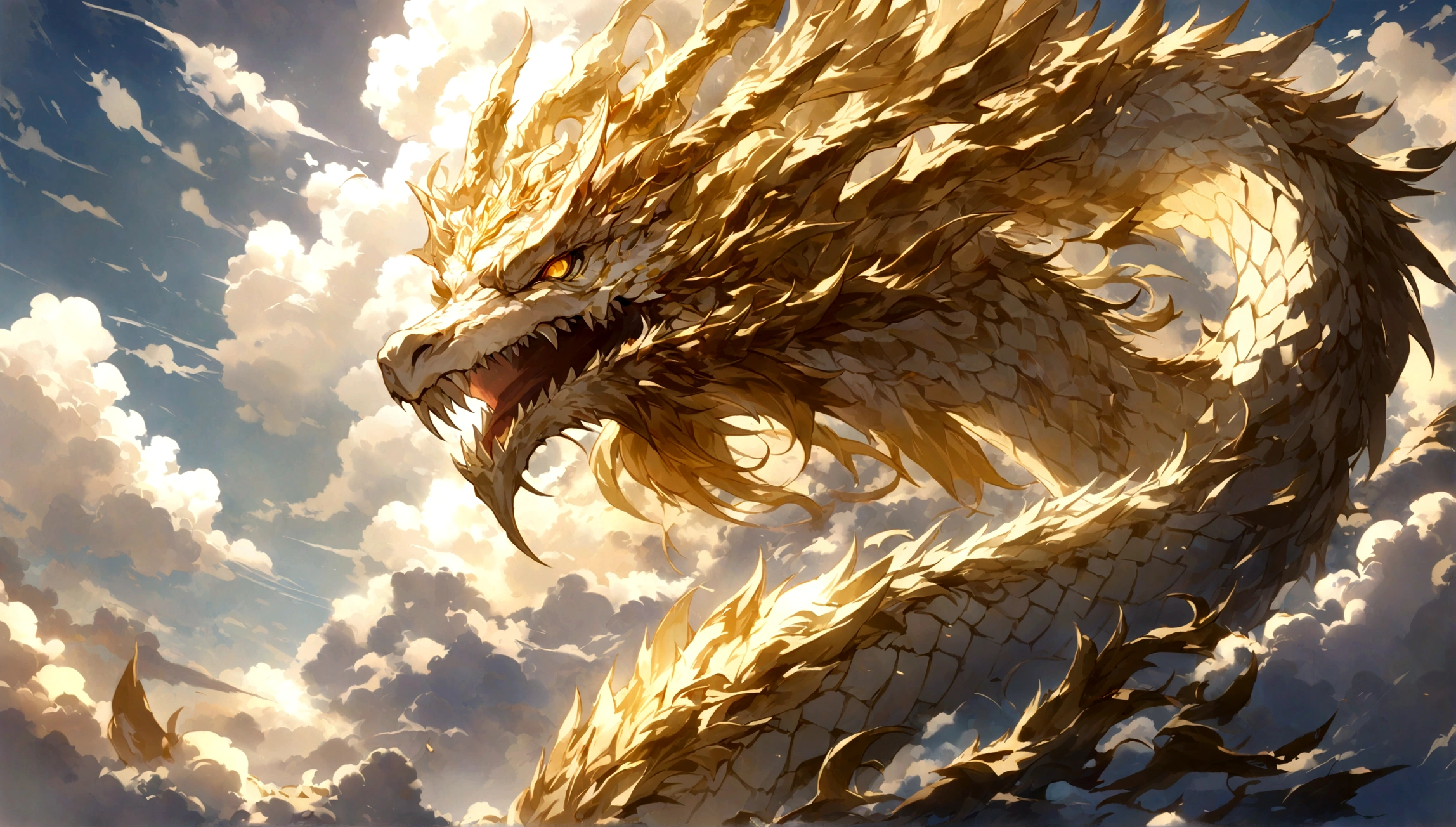 A golden white dragon, Half body, Detailed and clear, There are auspicious white clouds floating around, Great details, exquisite, high quality, extremely detailed CG Unity 8k wallpaper,