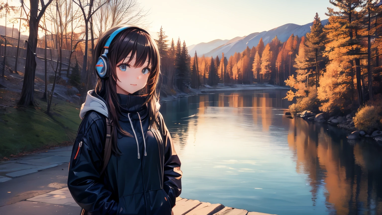 girl wearing headphones standing with both hands in the pocket of her cold sweater waiting for the sunset in front of the beautiful river. there are maple trees beside the river.
