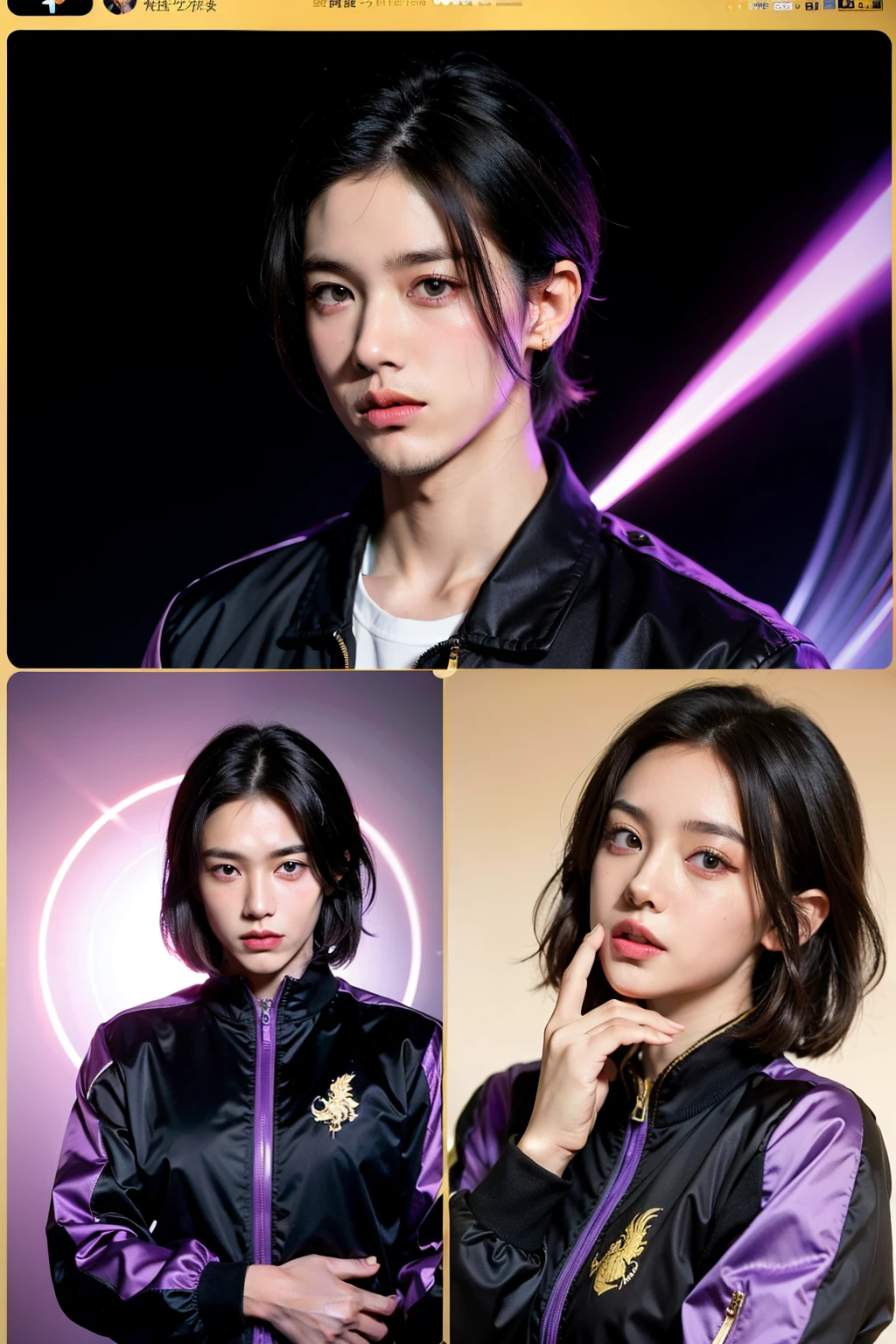 Handsome young male,Perfect facial features,Purple gradient vertical pupil,White short hair，Wearing black clothes with gold trim，Black windbreaker with gold trim and dragon pattern，Finger double-edged sword，Black hole background