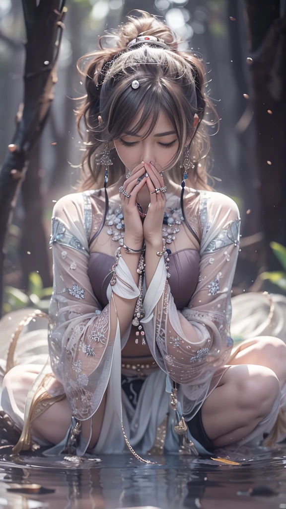(RAW shooting, 32k:1.5, highest quality, masterpiece, Ultra-high resolution), (Night outdoors, Dramatic moonlight:0.9, Mysterious World:1.2, Expressions of sadness:1.0), Side Shot, Fractal Art:1.3, Perfect dynamic composition:1.3, Very detailedな肌と顔の質感:1.3, Dynamic flow of water waves:1.3, Dynamic air flow:1.3, The subject is observed from a distance, elegant and sophisticated:0.5, Fair skin, Incredibly slim body:0.9, Very beautiful face, Water droplets on the skin, (Yoga Wear:1.3, Zazen pose 1.3, Meditation pose:1.3), Very accurate, Very detailed, Big eyes that exude beauty, Beautiful lips, Unreal atmosphere, Earrings, bracelet