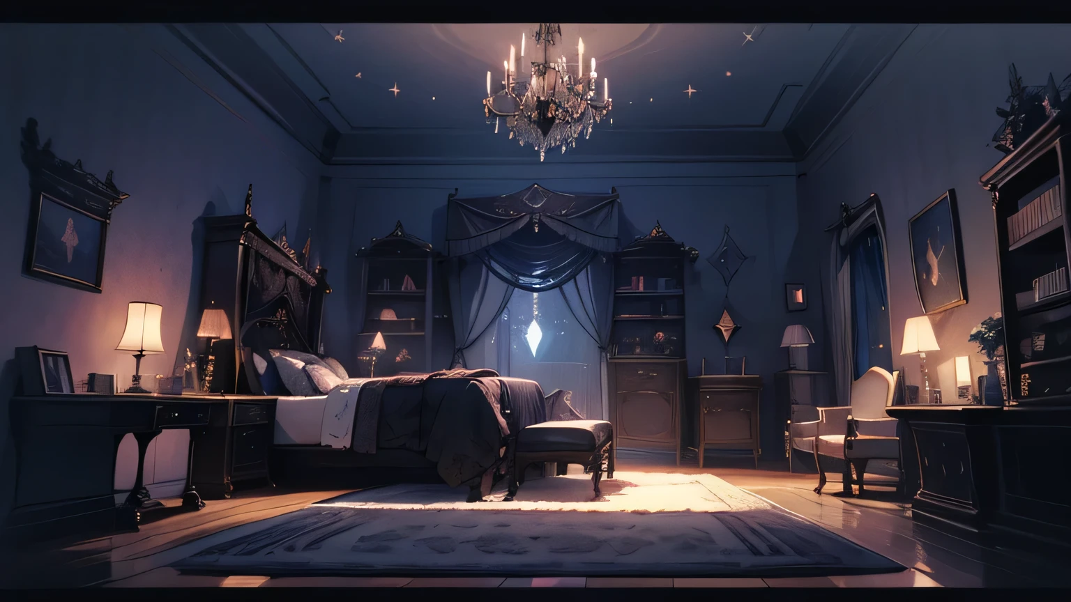 A highly detailed, There is a loft at the back、gothic-style illustration of a spacious indoor room at night, with a wide composition showcasing a gothic-style bed, a chandelier, gothic-style furniture, bookshelves, and a plush rug, all bathed in a moody, dark atmosphere with a beautiful night sky visible through the lace curtains, featuring a crescent moon and twinkling stars, masterpiece, (best quality,8k,ultra-detailed,hyper-realistic,extremely detailed),(intricate,gothic,dark fantasy:1.2),dramatic lighting,moody atmosphere,cinematic,elegant,luxurious interior,minimal human presence,(pink and black color palette:1.1),ethereal,mystical,atmospheric,studio lighting,physically-based rendering、large room、Soft moonlight、(cute room)