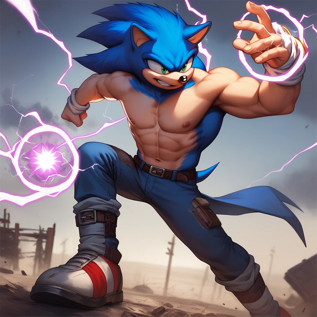score_9, score_8_up, sonic (series), Sonic the hedgehog, muscular, shirtless, charge stance, kamehameha charge stance, energy ball, aura, electricity, wasteland,