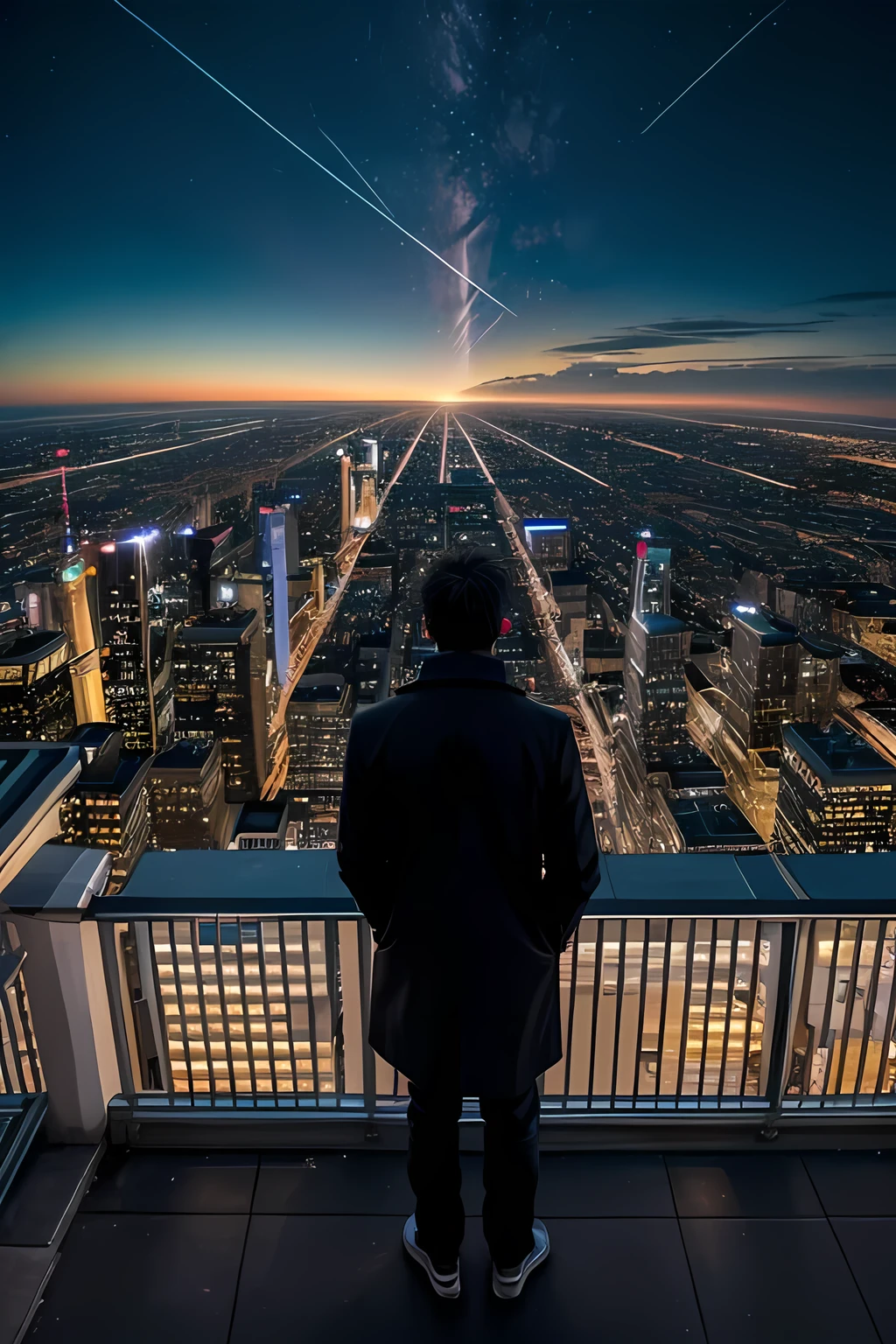 As the city sleeps below, a lone figure stands atop a towering building, mesmerized by the celestial spectacle unfolding above. The night sky is ablaze with the brilliance of a meteor shower, streaks of light painting fleeting masterpieces against the vast canvas of darkness. Describe the scene from the perspective of the boy on the rooftop. What thoughts and emotions stir within him as he witnesses this breathtaking display? How does the beauty of the meteor shower contrast with the urban landscape below? Explore the juxtaposition of the tranquility of the cosmos and the bustling energy of the city.