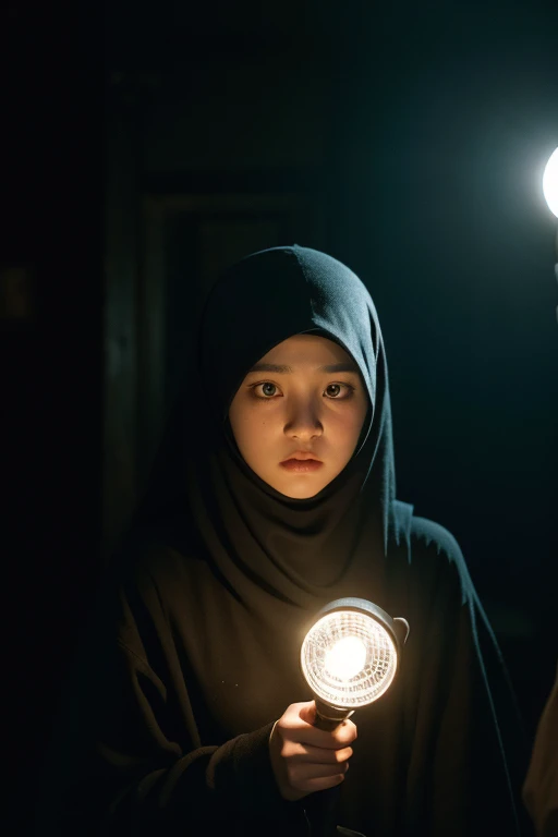 detailed 15 year old girl, girl carrying flashlight, going to haunted house, dramatic lighting, spooky atmosphere, detailed facial features, beautiful girl, long hair, (best quality,4k,8k,highres,masterpiece:1.2),ultra-detailed,(realistic,photorealistic,photo-realistic:1.37),cinematic lighting,moody lighting,dramatic shadows,suspenseful,horror,haunting,dark fantasy, by standing holding a flashlight, with a frightened expression, hijabers girl