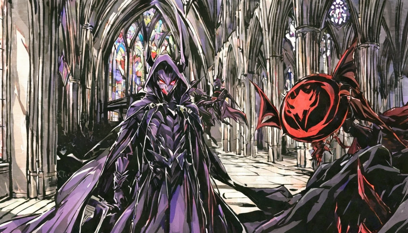 high school student summoning a demon with his arm laptop for the battle, in the cathedral of shadows, shin megami tensei style, Masayuki Doi style