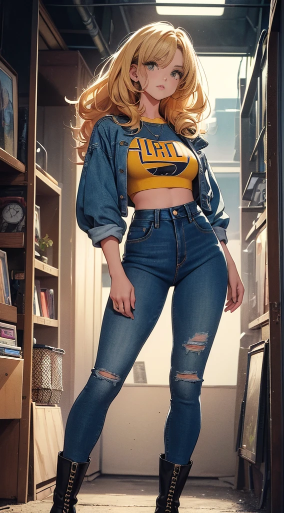 masterpiece, best quality, Super detailed, official art, 8k wallpaper, A super beautiful girl,(high waisted jeans, crop top, ankle boots),(Gradients of hair),(1980ig《Bright Eyes》old comic style,Cool feeling,Retro Style,Low saturation color texture,front