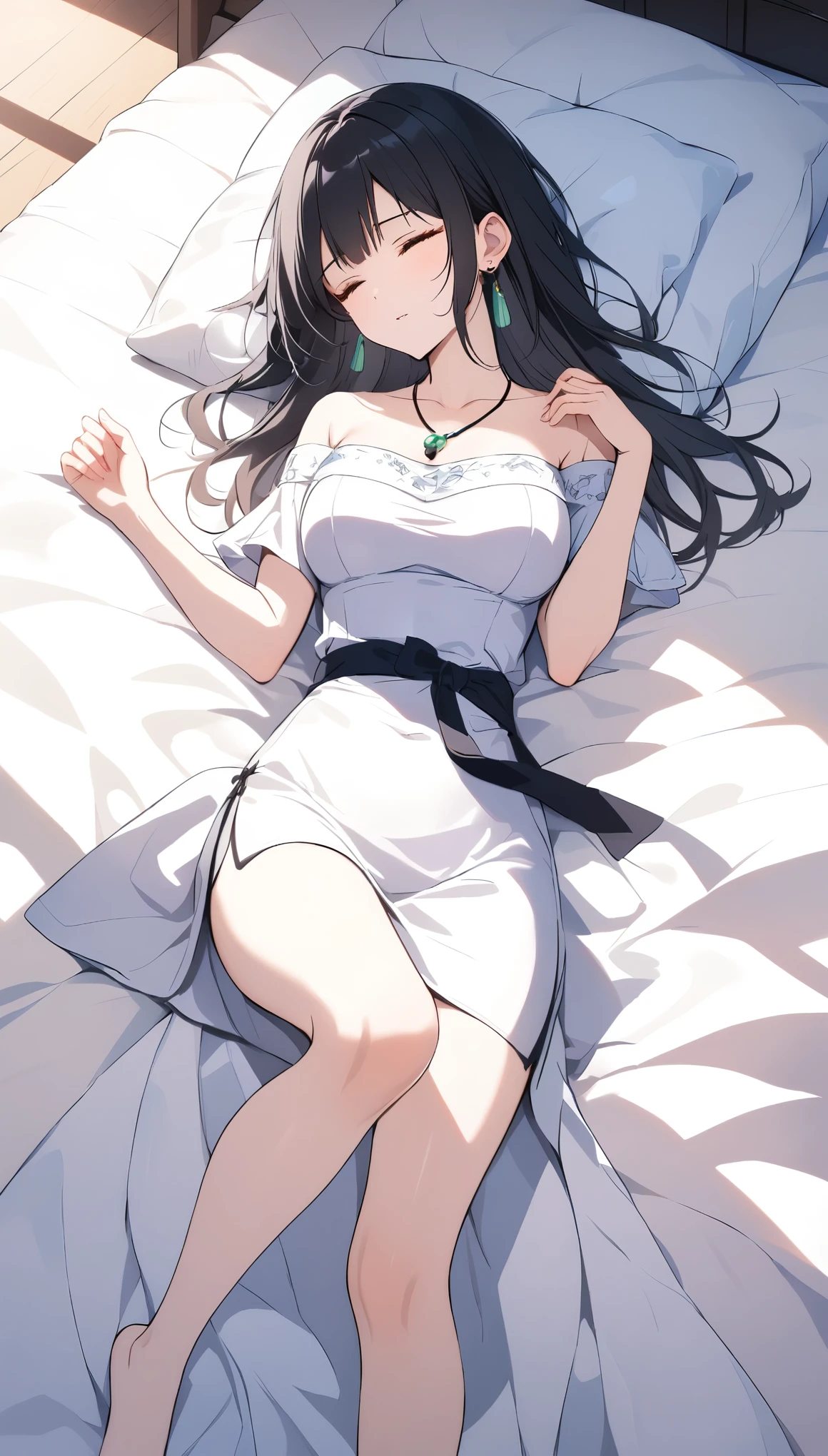 A beautiful Chinese woman in white clothes lying on the bed, With long black hair and closed eyes. She has delicate facial features, Wearing earrings, Off-shoulder dress, A gold belt around the waist, She wore a jade pendant necklace around her neck, White silk sheets, Interior background, Natural light, Top view, Medium focal length lens, Soft tones, style.Barefoot