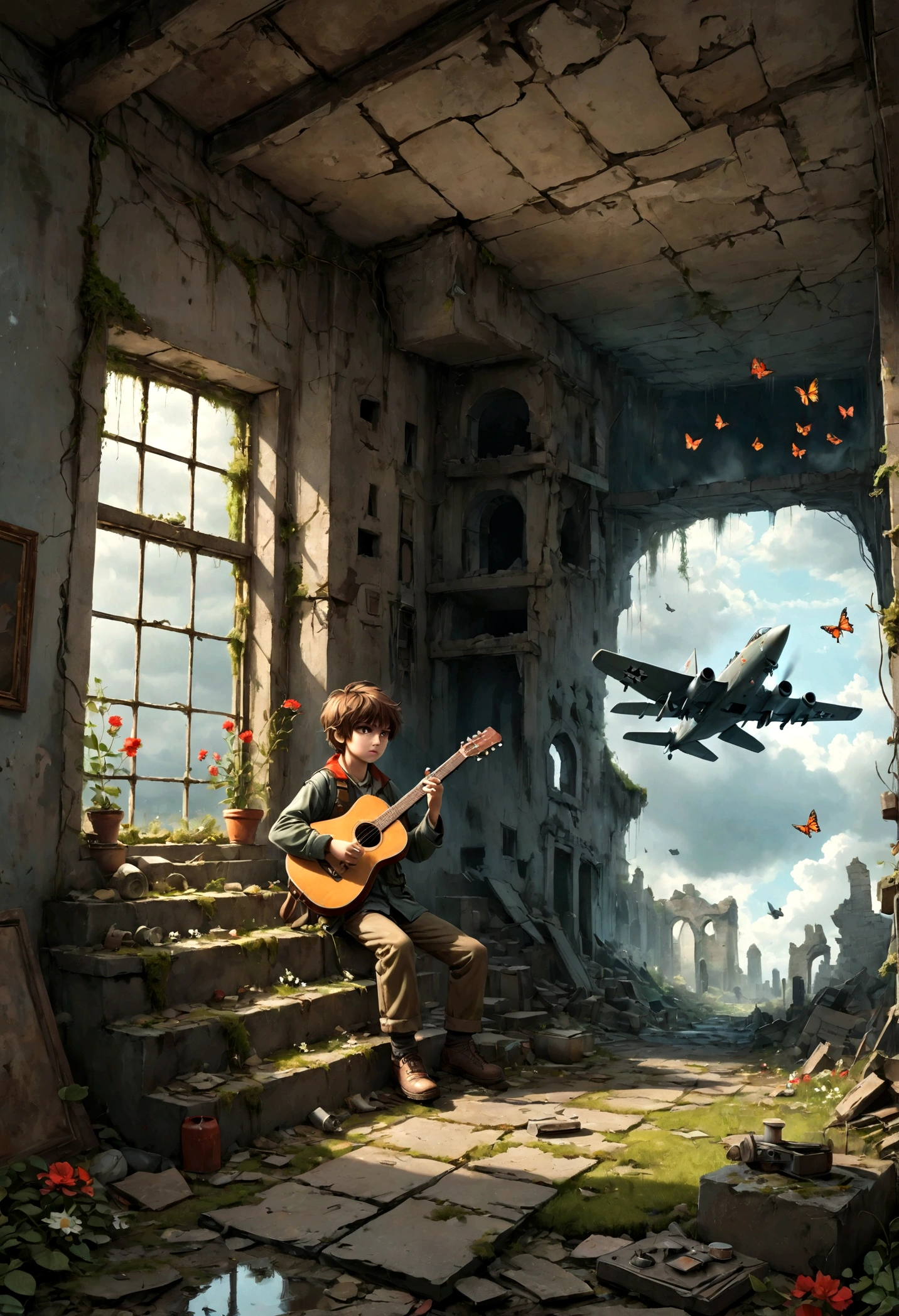 (((Gunfire outside the window,Fighter plane in the sky))), playing guitar in ruins, Brown hair,depressed, Eyes gaze,Dirty face,desolate, moss covered, Dilapidated, dirty, (best quality,4k,8K,High resolution,masterpiece:1.2),Extremely detailed,(Practical,photoPractical,photo-Practical:1.37),Dark Fantasy,severe,Mood lighting,Dramatic shadows,Movie,moody color palette,Soft Tones,Rubbish,rot,weathered,tattered,Small white flowers,Dungeons,cemetery,Black and Red,stairs,vine,rainwater,Swarms of glowing butterflies,A group of transparent wandering souls, Ghost