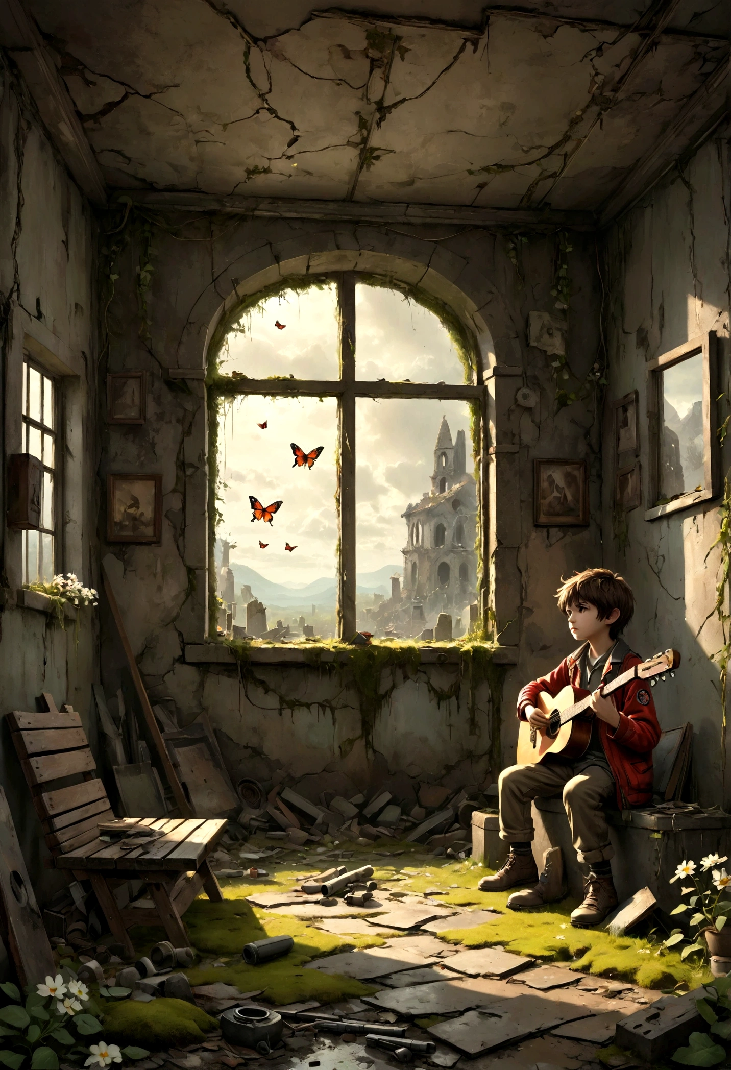 (((Gunfire outside the window,Fighter plane in the sky))),Little boy playing guitar in ruins, Brown hair,depressed, Eyes gaze,Dirty face,desolate, moss covered, Dilapidated, dirty, (best quality,4k,8K,High resolution,masterpiece:1.2),Extremely detailed,(Practical,photoPractical,photo-Practical:1.37),Dark Fantasy,severe,Mood lighting,Dramatic shadows,Movie,moody color palette,Soft Tones,Rubbish,rot,weathered,tattered,Small white flowers,Dungeons,cemetery,Black and Red,stairs,vine,rainwater,Swarms of glowing butterflies,A group of transparent wandering souls, Ghost