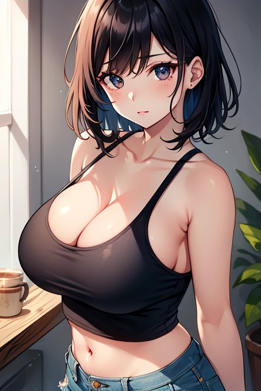 Very beautiful woman in her 20s,Black Hair,Dark Eyes,Thick eyelashes,Slanted Eyes,Beautiful face and eyes,Raised bangs,8k wallpaper,Very detailed,((High chroma)),((highest quality)) ,Shorthair with a perm,((Ultra-high resolution)),Browsing Caution,masterpiece,Clear margins,Shorts Denim,White tank top,are spilling out,,belly button,Breasts,he waist up,(I'm so embarrassed I could die), on the face and chest