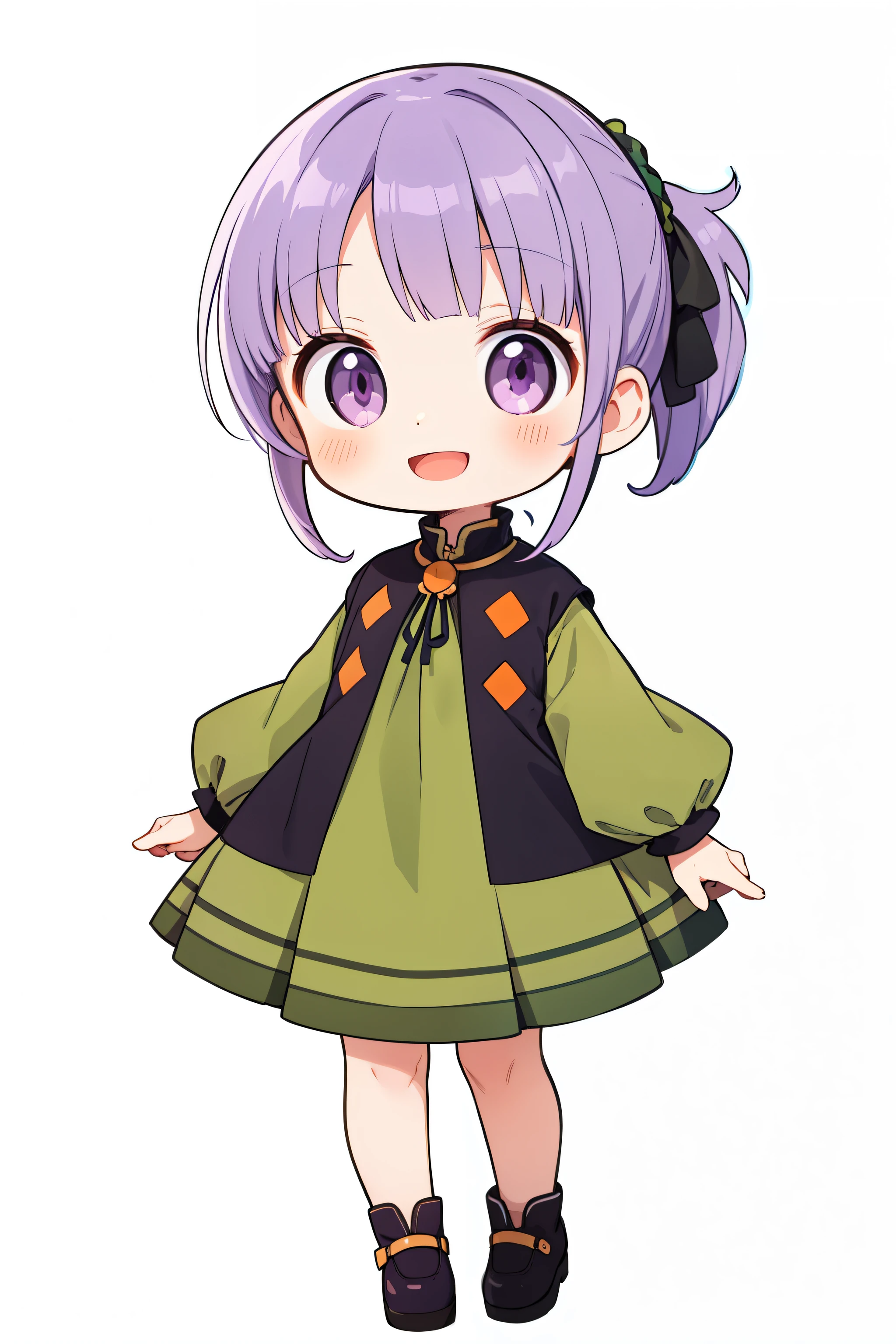 chibi, flat color, solo, smile, open mouth, standing, ((full body shot)), soothsayer, purple hair, (low ponytail), parted bangs, ((orange and purple eyes)), ((Green dress)), white background, Friendly, curious, cheerful, ((fun)), masterpiece, high quality