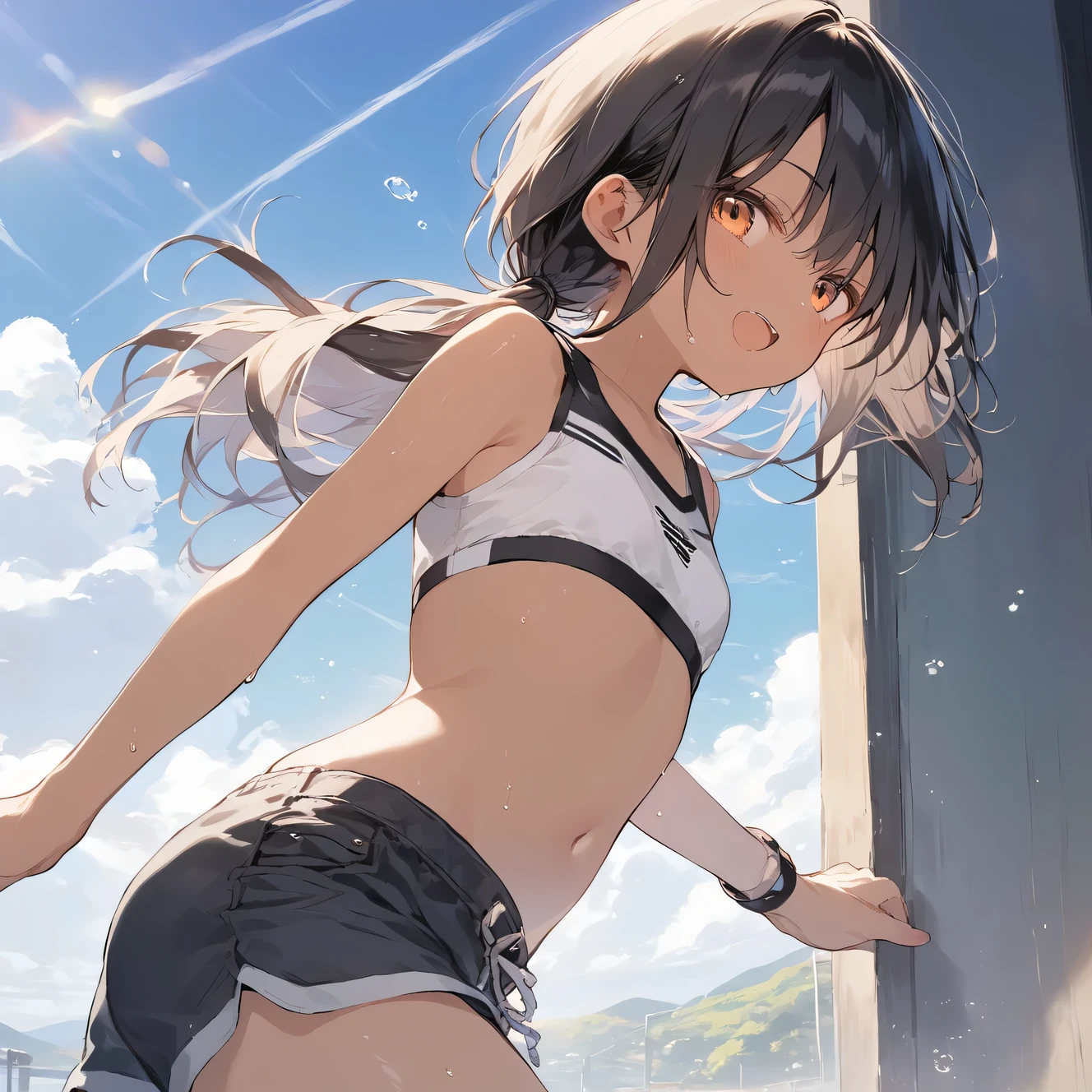 score_9, score_8_up, score_7_up, source_anime, best quality, masterpiece,official art, absurdres, highres, waifu2x,Collection: Slice of Life,break,1girl, tomboy, dark-skinned female, short hair, low ponytail, flat chest,  beautiful detailed eyes, short shorts, sweat, open mouth, (yawn:0.3),  sleepily, outdoors, wind, break,(clear line illustration:1.2),very high resolution, very aesthetic, super detailed skin, Best sexual lighting powered by famous artist, 8k,cute picture,beauty illustration,photoshop_(medium),,(Detailed Lighting)
