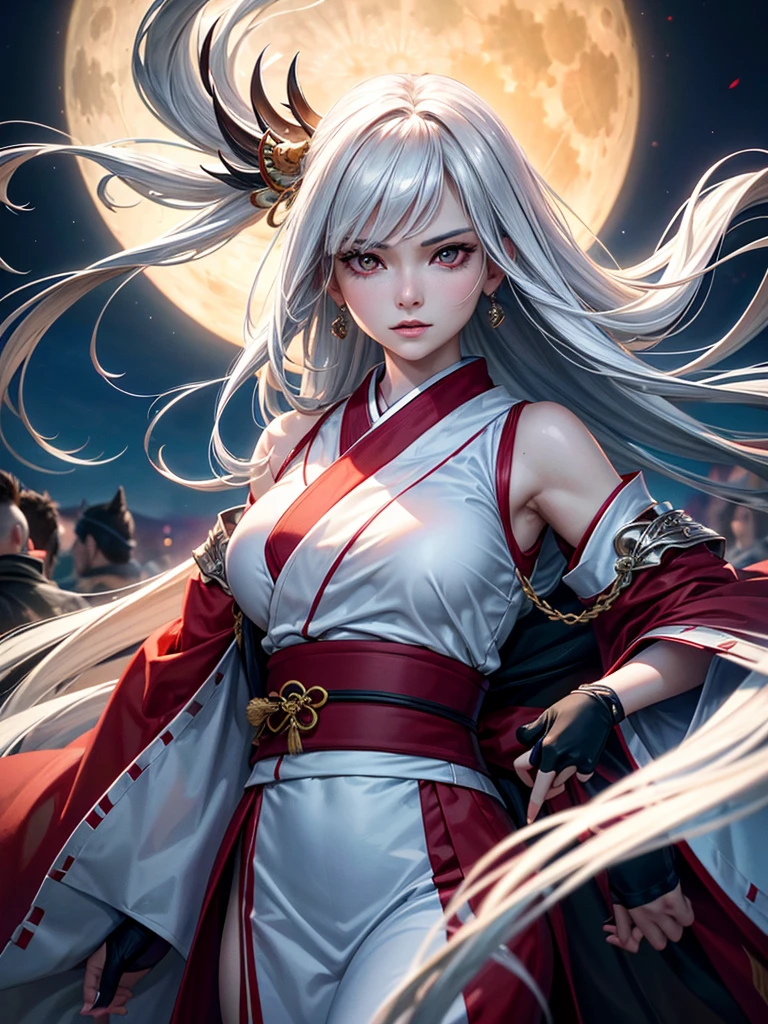 a very beautiful woman with silver hair and smooth long hair, white skin, red eyes, wearing a stylish white and red kimono, in a beautiful full moon scenery, protected by god, (best quality,4k,8k,highres,masterpiece:1.2),ultra-detailed,(realistic,photorealistic,photo-realistic:1.37),HDR,UHD,studio lighting,ultra-fine painting,sharp focus,physically-based rendering,extreme detail description,professional,vivid colors,bokeh,portraits、Ready for battle、Battle Scenes、surrounded by black wolves