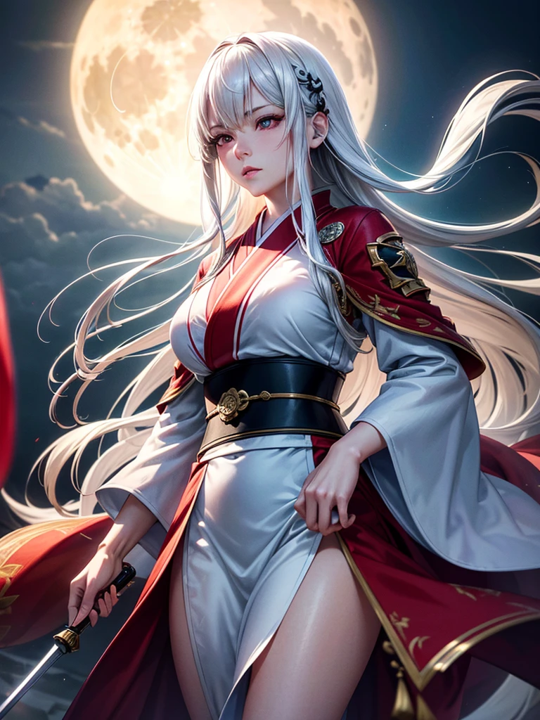 a very beautiful woman with silver hair and smooth long hair, white skin, red eyes, wearing a stylish white and red kimono, in a beautiful full moon scenery, protected by god, (best quality,4k,8k,highres,masterpiece:1.2),ultra-detailed,(realistic,photorealistic,photo-realistic:1.37),HDR,UHD,studio lighting,ultra-fine painting,sharp focus,physically-based rendering,extreme detail description,professional,vivid colors,bokeh,portraits、Ready for battle、Battle Scenes、surrounded by black wolves