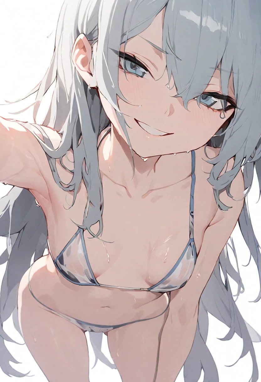 (Highest quality), (High resolution), (masterpiece), (Very detailed),(Bright saturation), One Girl,Long Hair,White Hair,Hair with gradient mesh, Rainbow Eyes, Flat Chest, ,  Silky skin, Shiny skin, Micro Bikini, The swimsuit is see-through, blush, Lust, Heart pupil, Heavy breathing, Love juice is dripping, Turn your butt, lower one&#39;s head, From the back,From below, Shower room, 