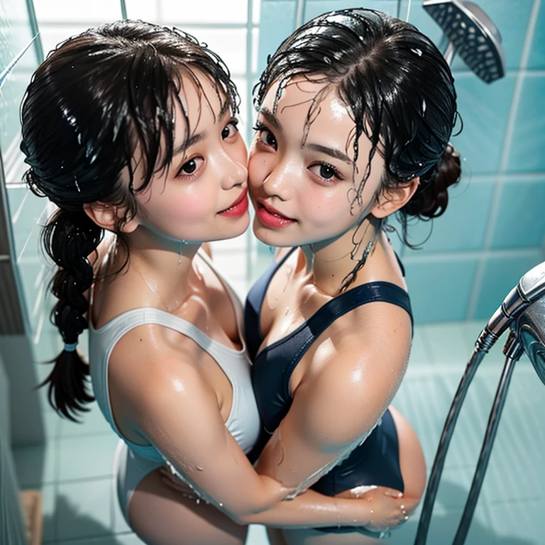 NSFW, (Snapshot of girls kissing face to face in an open shower room by the pool), Braid hair, With bangs, (School Swimwear), the body is covered with juice, White LiquidSoap, Sweating, be sweaty, Wet pearl skin, ((Wet swimsuit)), Perfect Lighting, Clear Focus, (bokeH:1.4), Roundly butts, { (Shower Water:1.6) | (Gigantic Overflowing sideboob) | Butt cruck | (from above:1.4) }, hidden hands BREAK (NOGIZAKA girls) ((Extremely Detailed very KAWAII face variations)), perfect anatomy, Childish, captivating gaze, elaborate detailed Eyes with (sparkling highlights:1.2), long eyelashes、Glossy RED Lips with beautiful details, Coquettish tongue, Rosy cheeks . { (Dynamic joyful expressions) | (:d) }, (no large eyes) . (close-up:1.28), Assfocus