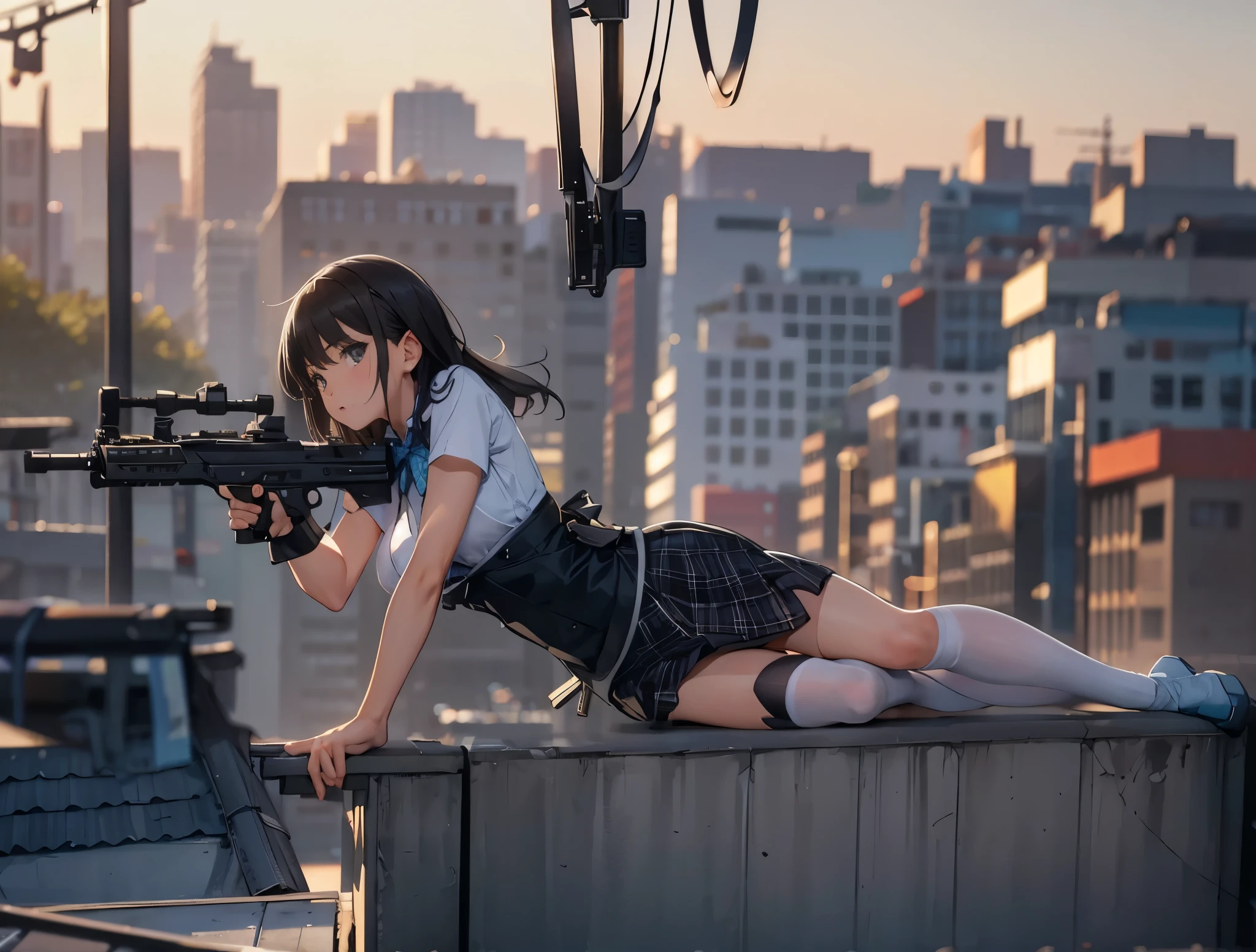 1girl, solo, long hair, looking at viewer, skirt, shirt, black hair, bow, holding, , white shirt, weapon, pleated skirt, outdoors, socks, bowtie, bag, holding weapon, blurry, black eyes, gun, plaid, kneehighs, backpack, ground vehicle, black socks, building, holding gun, motor vehicle, handgun, school bag, car