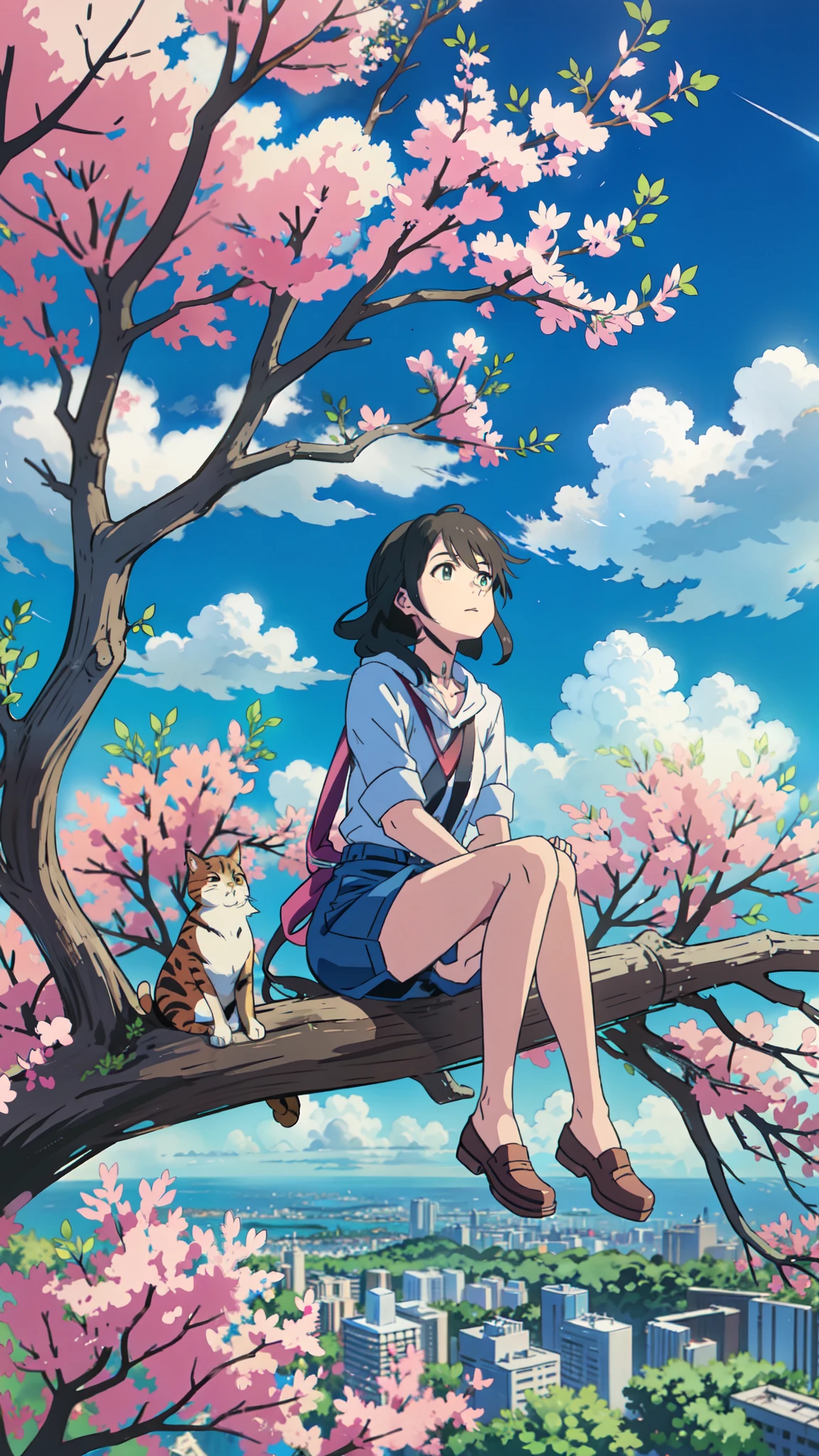 a woman sitting on top of a tree next to a cat, makoto shinkai and artgerm, makoto shinkai ( apex legends ), matoko shinkai, very beautiful anime cat girl, anime still image, sakimichan and makoto shinkai, anime visual of a cute cat, fiona staples and makoto shinkai