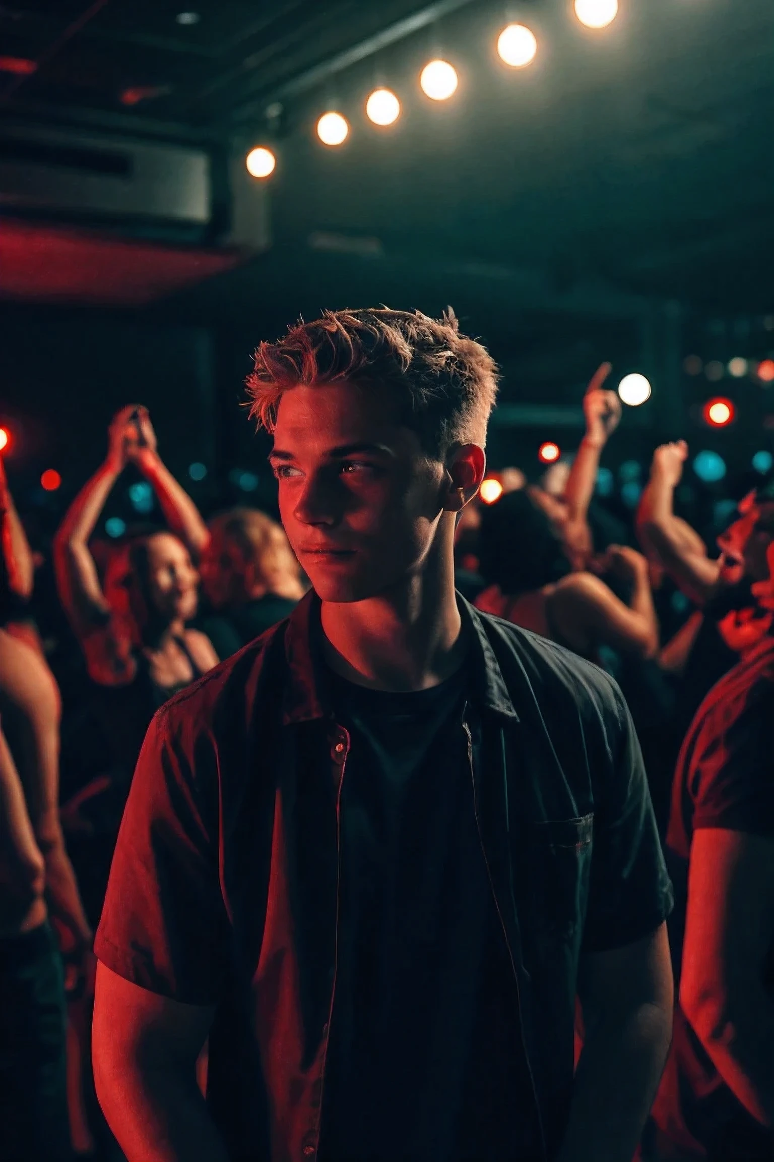 handsome age ,nightclub party , shot on leica, shadowplay, gorgeous lighting, subtle hues,