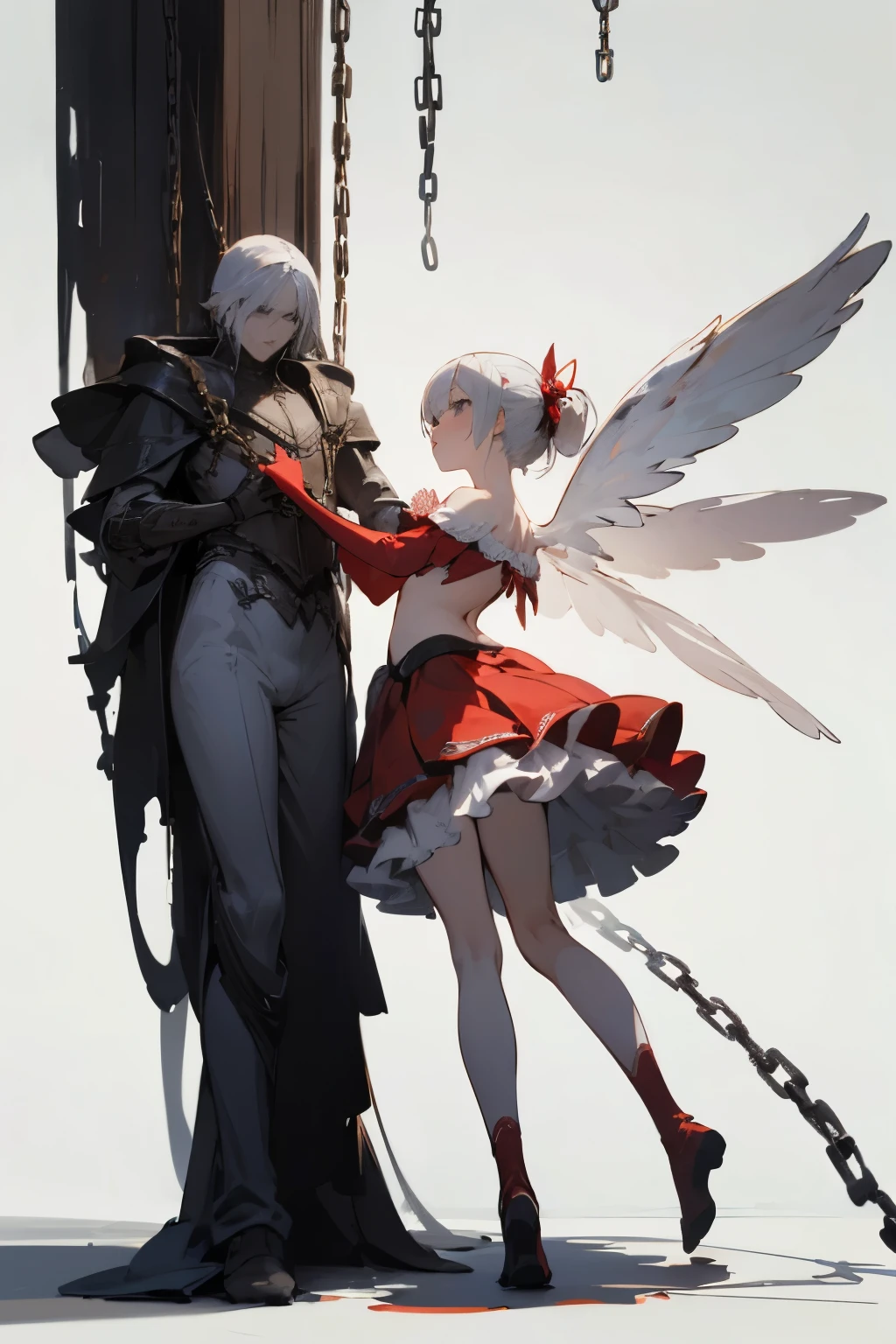 ((best quality)), ((masterpiece)), (detailed), 1girl, off-shoulder, Character design, female, dynamic poses, long white grey hair, grey white eyes, small frame, very skinny, detailed, best quality, no accesoires around the neck, no shoes, prominent collarbones, skinny arms, flat stomach, visible hip bones, full body, blank white background, plain background, white background, red and white clothing, Bloodborne inspired, occult aesthetic, occult, detailed and intricate steampunk and detailed gothic, NSFW, Very dramatic and cinematic lighting, cosmic horror, grim-dark, side-lighting, perfect face, NSFW, Fluttering lace flared long knee length dress with frilly petticoats, knee length dress, pleated petticoats, petticoats gothic, complex lace boots, side-lighting, gothic ta aesthetic, wielding a mighty sword with mechanical components, various different types of insect wings, NSFW, full body, whole body, body, plain background, white background, blank background, no background, white background NSFW, chains, full body, whole body, head-to-toe NSFW