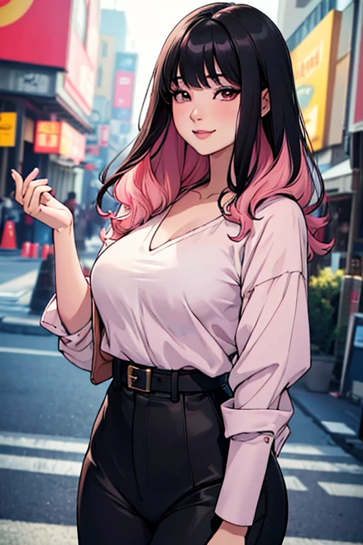 a beautiful 21 year old korean girl, long slightly waved black hair with pink highlights, rosy eyes, playful smile, small breasts, anime realism style, portrait, (best quality,4k,8k,highres,masterpiece:1.2),ultra-detailed,(realistic,photorealistic,photo-realistic:1.37),HDR,vivid colors,professional,bokeh