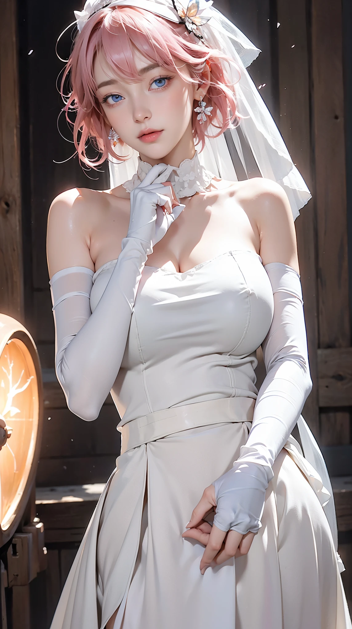 Ernonay, Nakano Nino, short hair, Bangs, blue eyes, Hair accessories, scarf, Pink Hair, blunt Bangs, Face Up, butterfly Hair accessories,
rest gloves, skirt, , Bare shoulders, clavicle, Elbow gloves, White gloves, white skirt, Strapless, crown, veil, Strapless skirt, wedding skirt, bridal veil,
rest indoors, church,
rest looking at viewer, rest (masterpiece:1.2), best quality, high resolution, Unity 8k wallpaper, (illustration:0.8), (Beautiful and delicate eyes:1.6), Extremely detailed face, Perfect lighting, Extremely detailed CG, (Perfect hands, Perfect anatomical structure),(Huge breasts:1.2),Moist skin