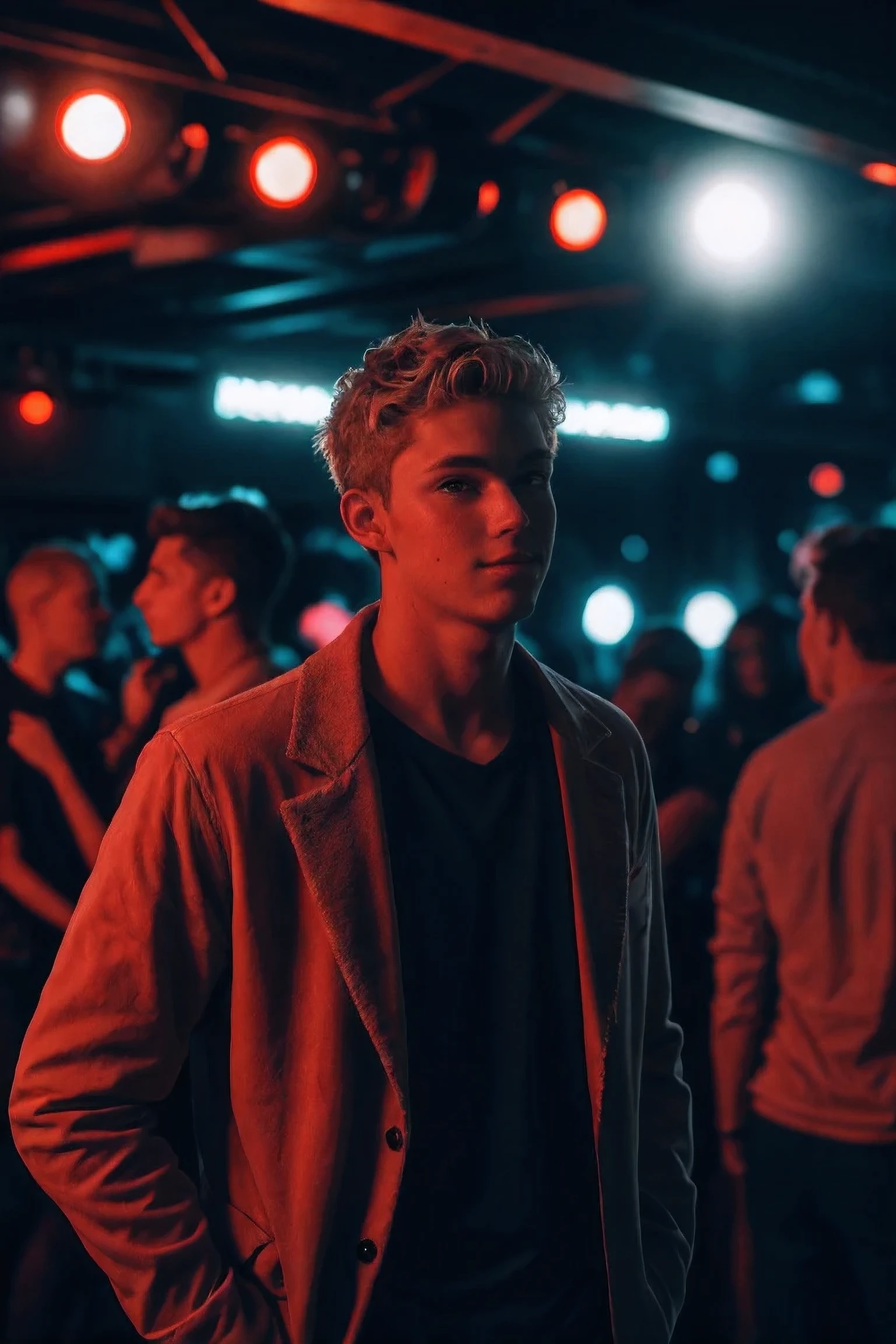 handsome teenage ,nightclub party , shot on leica, shadowplay, gorgeous lighting, subtle  hues, 