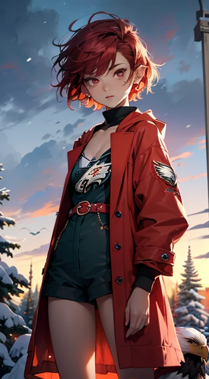 Cute elf,(((Small loliy ,Small))),(((6 years))),((anime elf loli wittremely Cute and beautiful red hair)), (((elf))), (((elf ears))),
(((flat chest))),((((red hair:1.35,short red hair,(wild short hair:1.5),(hair over eyes:1),colored inner hair,breathing through the ears)))),(((red_eyes:1.3))),difficult eyes,beautiful detailed eyes,symmetrical eyes,big eyes:1.5,(((shiny skin:1.5,Bright skin: 1.5,tanned skin,shiny skin,very shiny skin,shiny body,пластиковая shiny skin,exaggerated shiny skin,illuminated skin))),(delicately detailed fingers,detailed body,(detailed face)),
Cute,promiscuous,Erotic,brave,((NFV)),
revealing clothes,show skin,(((Coat with hood and feathers, red feathers coat set, wear a coat with feathers: 1.3, red winter coat))),((bare legs)), (half naked, scantily clad),(((difficult outfit,difficult clothes,embroidered outfit,ornate outfit,embroidered clothes,ornate clothing))),
(dynamic pose:1.0),embarrassed,(centered,scale to size,rule of thirds),
((eagles flying background:1.5)),((snowy pine forest at night)), with dark storm clouds,winter,Landscape:1.25,((snow forest background)),Christmas tree,
a high resolution,sharp focus,(ultra detailed,extremely detailed),(photorealistic work:1.37),(extremely detailed CG unity 8k wallpaper),(((bright colors,bright theme))),(difficult),(masterpiece),(Best quality),