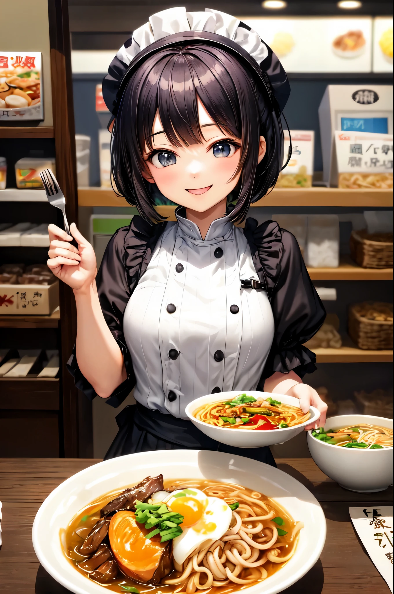 Ramen、、Open your mouth、Holding a fork、Black Hair、Short Bob、Gothic Lolita、smile、smile、Inside the store、Ramen鉢から麺をフォークで伸ばしている,It would be nice if AI could read text.,