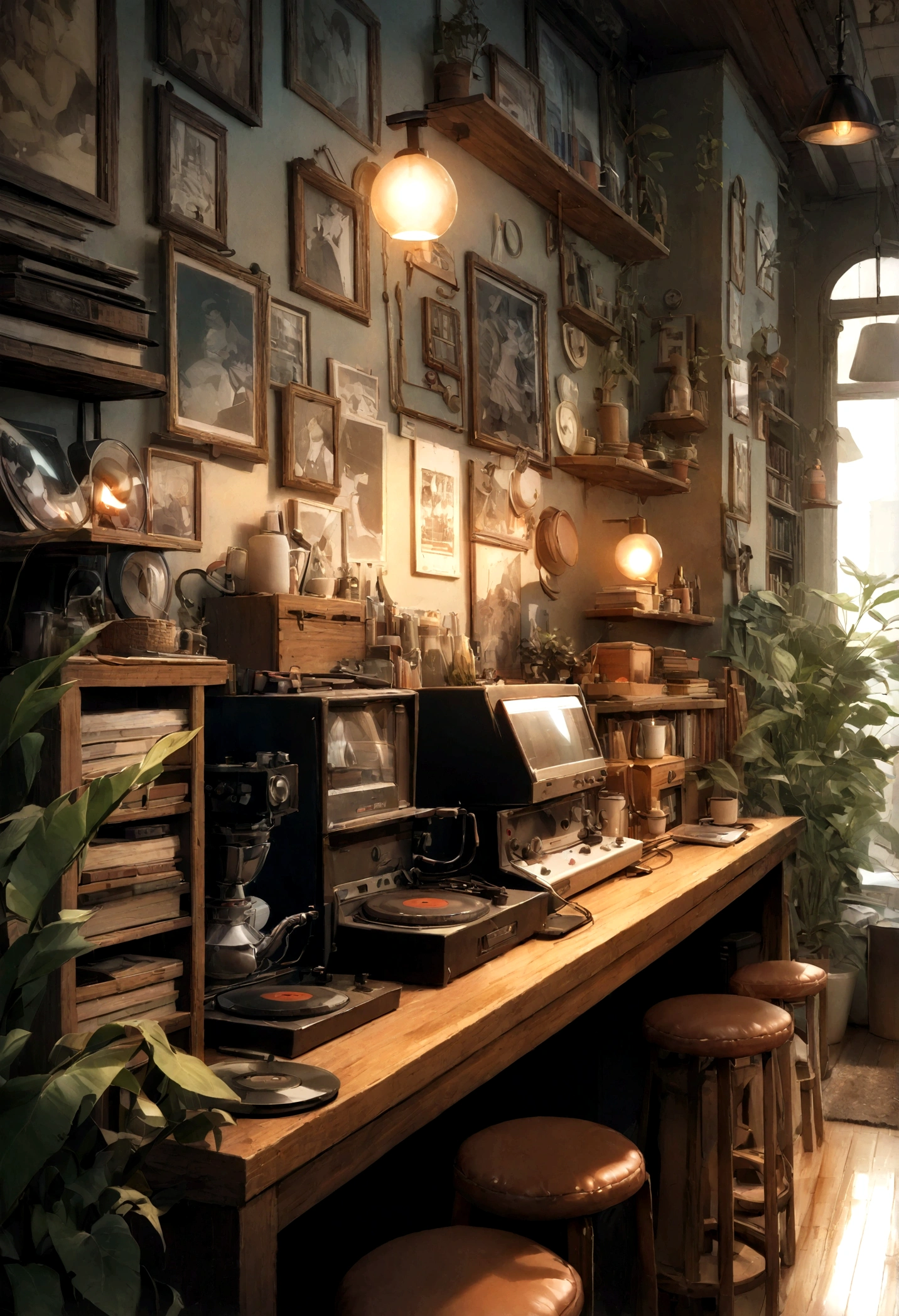 ((only background)), ((photo realistic:1.4,illustration)),(masterpiece, top quality, best quality),(ultra-detailed, absolutely resolution),((16k, high res)).(reflect), (produces images with information than 40 million pixels with cinematic-like detailed textures shot on a Sony SLR).
BREAK {cozy lofi coffee. The café should have a warm and inviting atmosphere with dim lighting and wooden furniture. Include vintage decorations such as old posters, vinyl records, and retro lamps. The seating areas should be comfortable with cushions and throw blankets, surrounded by plants in pots and shelves filled with books and records. A barista should be seen making coffee at the counter, with a record player in the corner playing soft music. The overall vibe should be relaxed and calming, perfect for studying or unwinding in the afternoon.}
BREAK {(((cinematic look))), soothing tones, insane details, intricate details, hyperdetailed, low contrast, exposure blend, hdr, beautiful blue image, (hi-contrast), Sony SLR.}