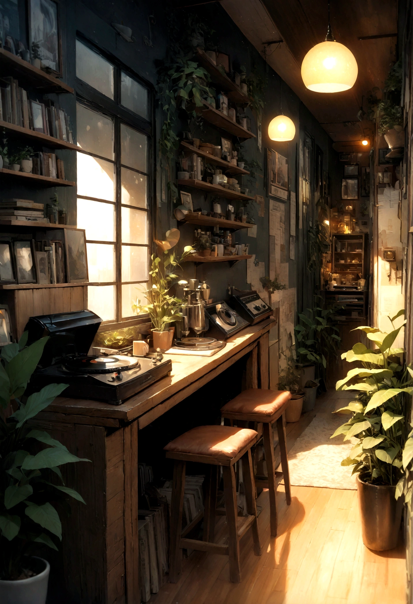 ((only background)), ((photo realistic:1.4,illustration)),(masterpiece, top quality, best quality),(ultra-detailed, absolutely resolution),((16k, high res)).(reflect), (produces images with information than 40 million pixels with cinematic-like detailed textures shot on a Sony SLR).
BREAK {cozy lofi coffee. The café should have a warm and inviting atmosphere with dim lighting and wooden furniture. Include vintage decorations such as old posters, vinyl records, and retro lamps. The seating areas should be comfortable with cushions and throw blankets, surrounded by plants in pots and shelves filled with books and records. A barista should be seen making coffee at the counter, with a record player in the corner playing soft music. The overall vibe should be relaxed and calming, perfect for studying or unwinding in the afternoon.}
BREAK {(((cinematic look))), soothing tones, insane details, intricate details, hyperdetailed, low contrast, exposure blend, hdr, beautiful blue image, (hi-contrast), Sony SLR.}
