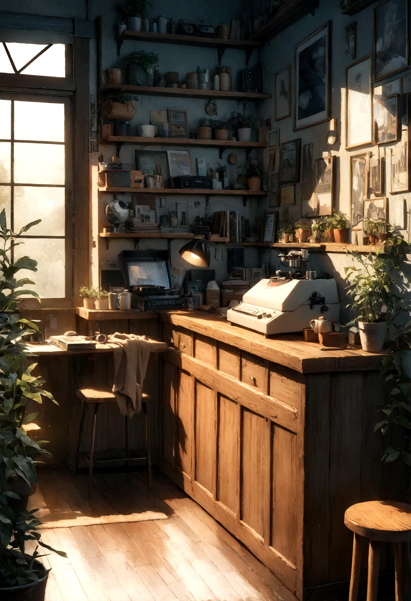 ((only background)), ((photo realistic:1.4,illustration)),(masterpiece, top quality, best quality),(ultra-detailed, absolutely resolution),((16k, high res)).(reflect), (produces images with information than 40 million pixels with cinematic-like detailed textures shot on a Sony SLR).

BREAK {cozy lofi coffee. The café should have a warm and inviting atmosphere with dim lighting and wooden furniture. Include vintage decorations such as old posters, vinyl records, and retro lamps. The seating areas should be comfortable with cushions and throw blankets, surrounded by plants in pots and shelves filled with books and records. A barista should be seen making coffee at the counter, with a record player in the corner playing soft music. The overall vibe should be relaxed and calming, perfect for studying or unwinding in the afternoon.}

BREAK {(((cinematic look))), soothing tones, insane details, intricate details, hyperdetailed, low contrast, exposure blend, hdr, beautiful blue image, (hi-contrast), Sony SLR.}

