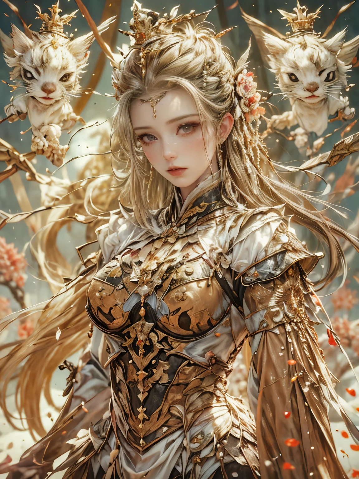 pretty young woman with (wavy glowing golden hair:1.4) and hazel eyes, wearing opulent vestments, standing amidst a chaotic background, (a spectral otter floats nearby:1.6)