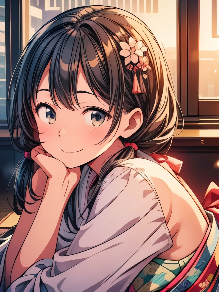 (masterpiece、highest quality、highest quality、Official Art、Beautiful and beautiful:1.2)、(One girl:1.3)Hatsune Miku、Twin tails,Beautiful breasts,winter new year event announcement poster, (highest quality,Realistic),alone,Beautiful Japanese Women,Traditional Kimono,Natural posture,優しいsmile,Impressive Gaze,Traditional hairstyle,Tatami room at dusk,Sit by the window,Illuminated by the city lights,(Attractive pose),Professional Photographer,Shallow depth of field,Backlight, Leaning forward, In a pose like sitting upright facing forward., Place your hands on the floor, Tilt your head and look up, smile, I want to thank all the viewers