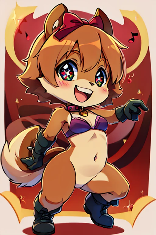 boy, squirrel, furry, bodyfur, tail, collar, bra, bottomless, gloves, boots, chibi, sparkling eyes, idol, dancing, singing, hair bow, happy, full body, squatting