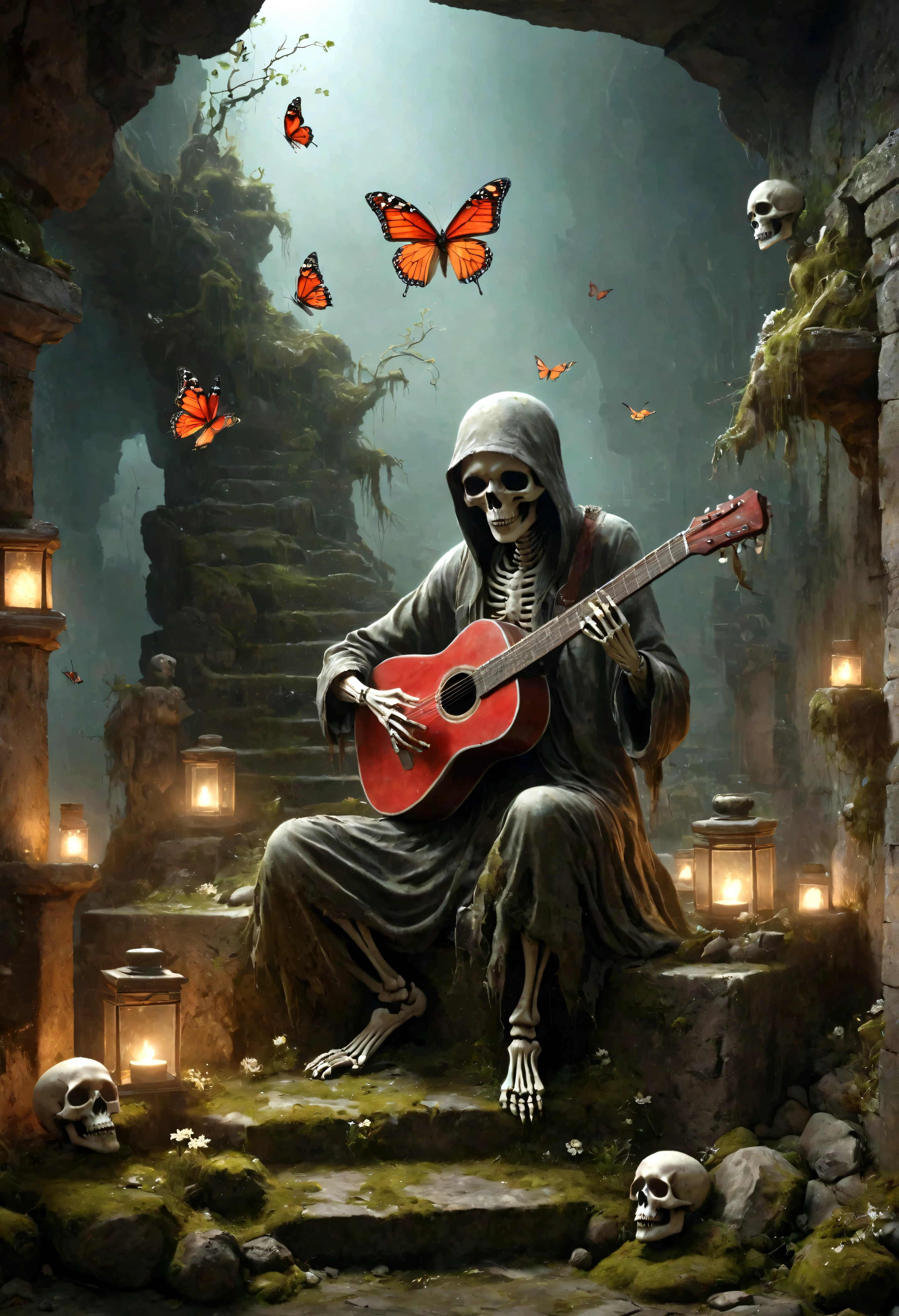 a skeletal figure playing a guitar, melancholic, desolate, moss-covered, dilapidated, squalid, (best quality,4k,8k,highres,masterpiece:1.2),ultra-detailed,(realistic,photorealistic,photo-realistic:1.37),dark fantasy,grim,moody lighting,dramatic shadows,cinematic,moody color palette,muted tones,grunge,decaying,weathered，tattered，Small white flowers，Ancient Chinese tombs，Dungeons，Cemetery，Black red，There is a broken bowl in front.，The Trail，Stairs，vine，rainwater，Swarms of glowing butterflies，A group of transparent wandering souls， Soul Wild Ghost