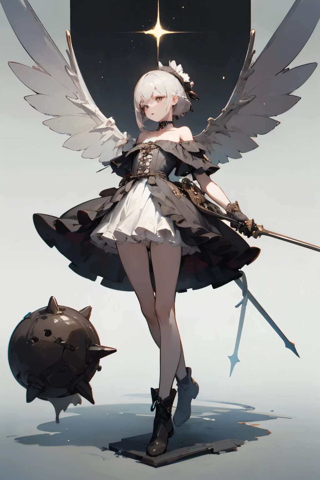 ((best quality)), ((masterpiece)), (detailed), 1girl, off-shoulder, Character design, female, dynamic poses, long white grey hair, grey white eyes, small frame, very skinny, detailed, best quality, no accesoires around the neck, no shoes, prominent collarbones, skinny arms, flat stomach, visible hip bones, full body, blank white background, plain background, white background, red and white clothing, Bloodborne inspired, occult aesthetic, occult, detailed and intricate steampunk and detailed gothic, NSFW, Very dramatic and cinematic lighting, cosmic horror, grim-dark, side-lighting, perfect face, NSFW, Fluttering lace flared long knee length dress with frilly petticoats, knee length dress, pleated petticoats, petticoats gothic, complex lace boots, side-lighting, gothic lolita aesthetic, wielding a mighty sword with mechanical components, various different types of insect wings, NSFW, full body, whole body, body, plain background, white background, blank background, no background, white background NSFW, chains, full body, whole body, head-to-toe NSFW